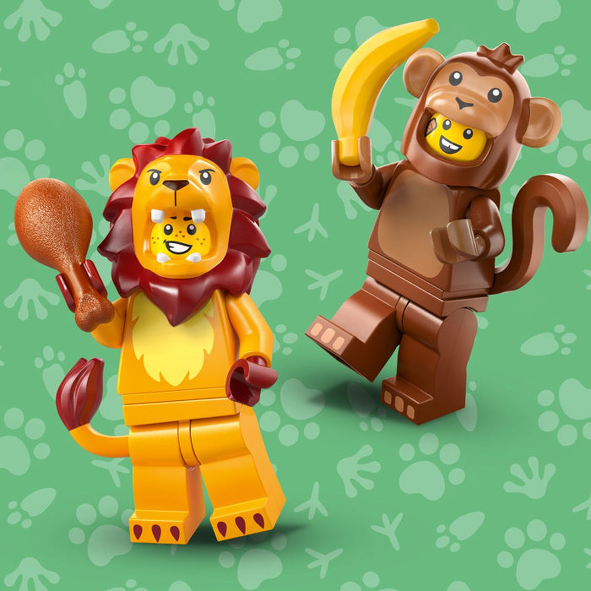 Due minifigure Lego: un leone con un gambo di pollo e una scimmia con una banana.