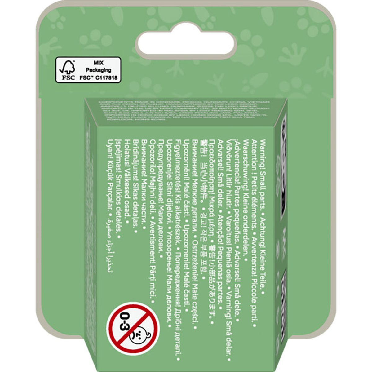 Avvertenza: Piccole parti. Logo FSC MIX Packaging. Indicazione età 0-3.