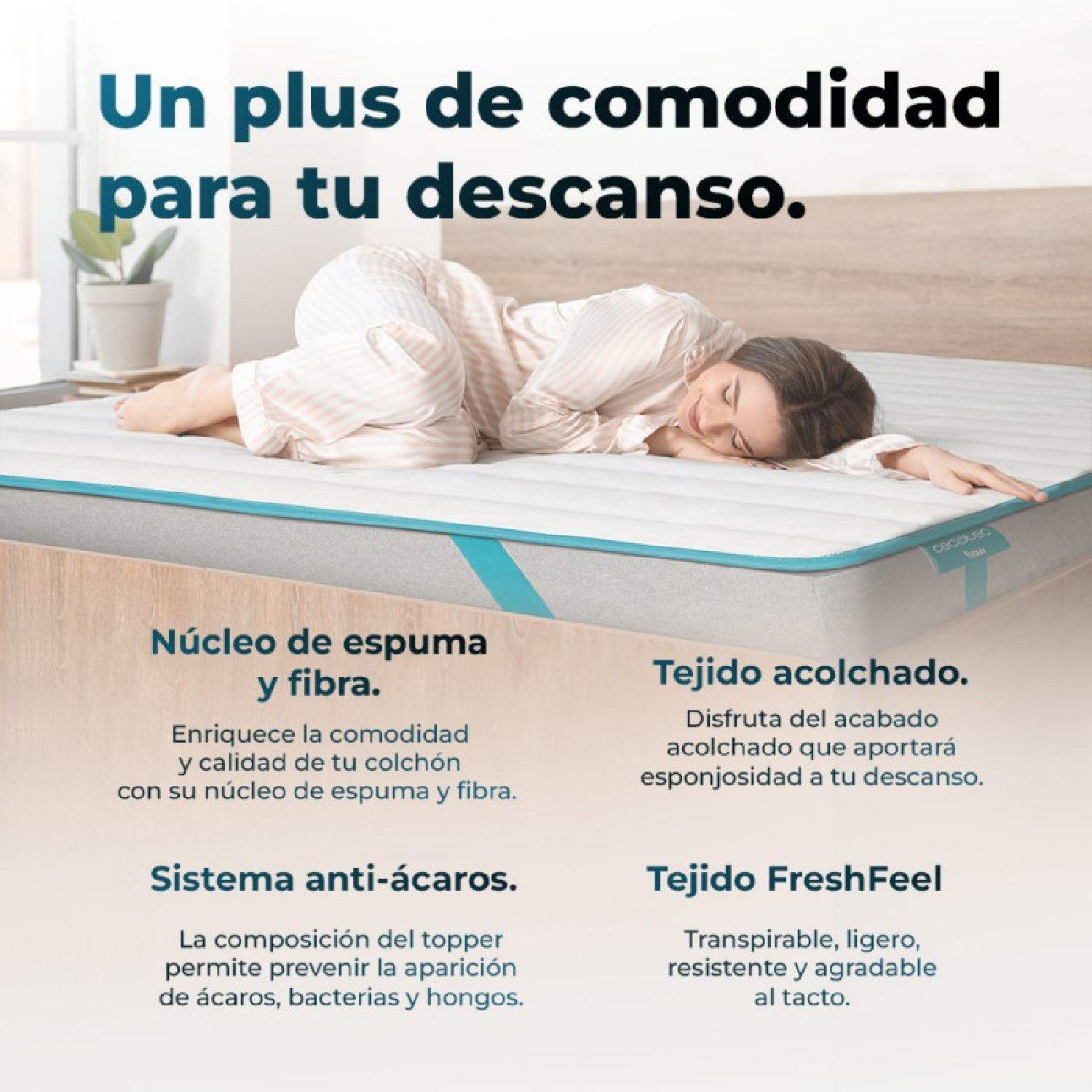 Mujer durmiendo en un colchón con núcleo de espuma/fibra y sistema antiácaros.