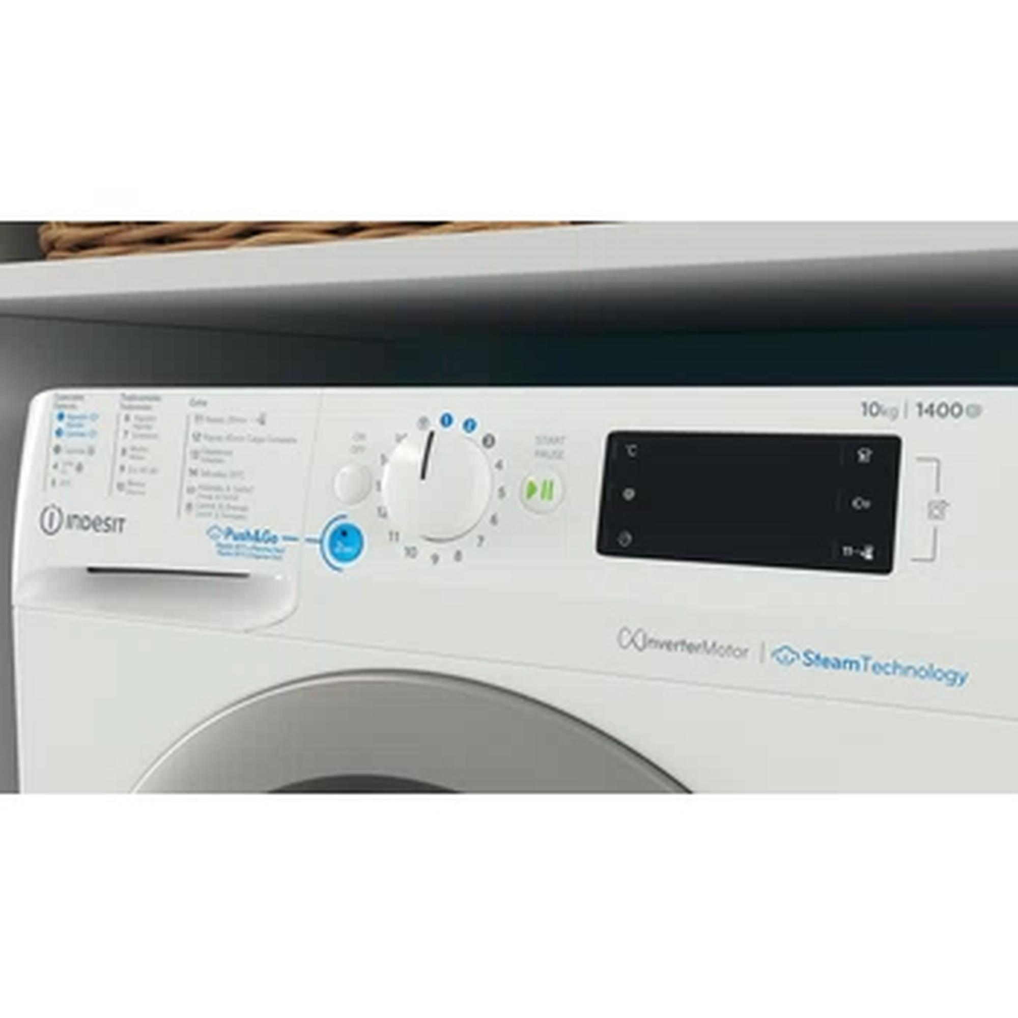 Bedieningspaneel witte wasmachine met draaiknop, display en Inverter Motor/Steam Technologie.
