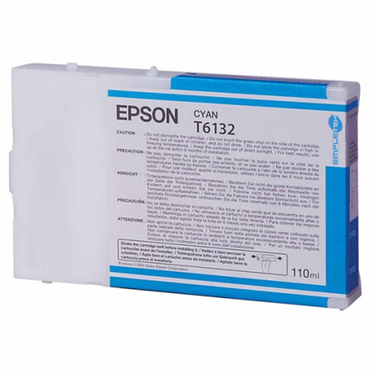Cartuccia d'inchiostro Epson Cyan T6132, 110ml, con testo di avvertenza e istruzioni.