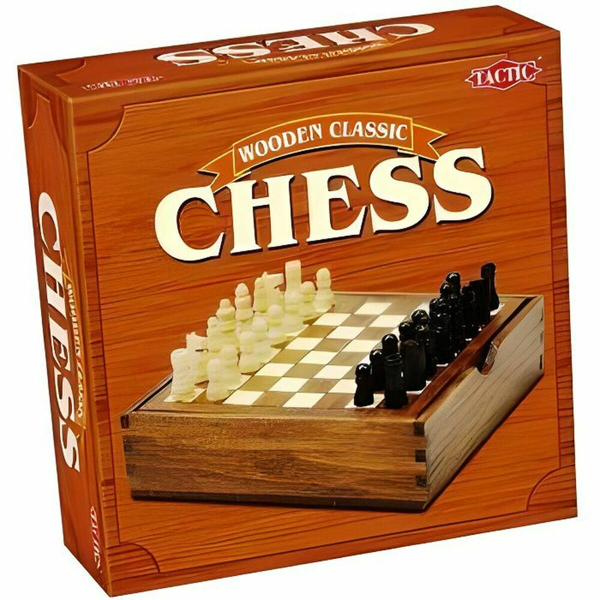 Holzschachspiel auf einer Holzbox mit schwarzen und weißen Figuren.