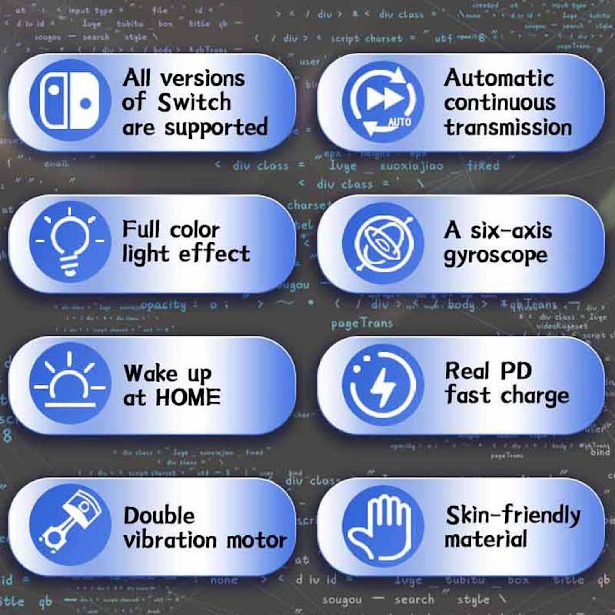 Características de Nintendo Switch: Todas las versiones soportadas, transmisión automática, efecto de luz, giroscopio, carga rápida, vibración, material.