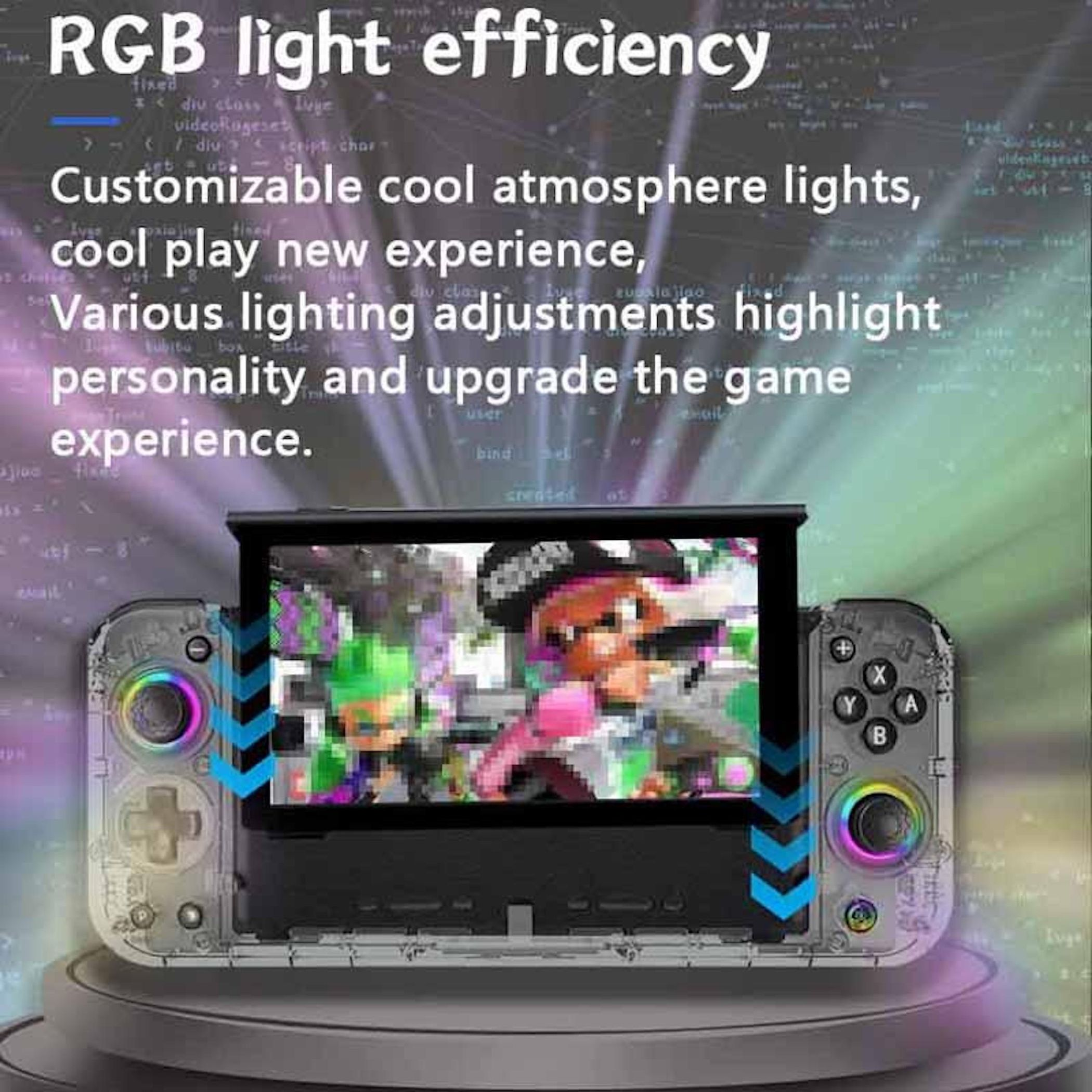 Un mando de juego transparente con luces RGB y una pantalla que muestra un juego.