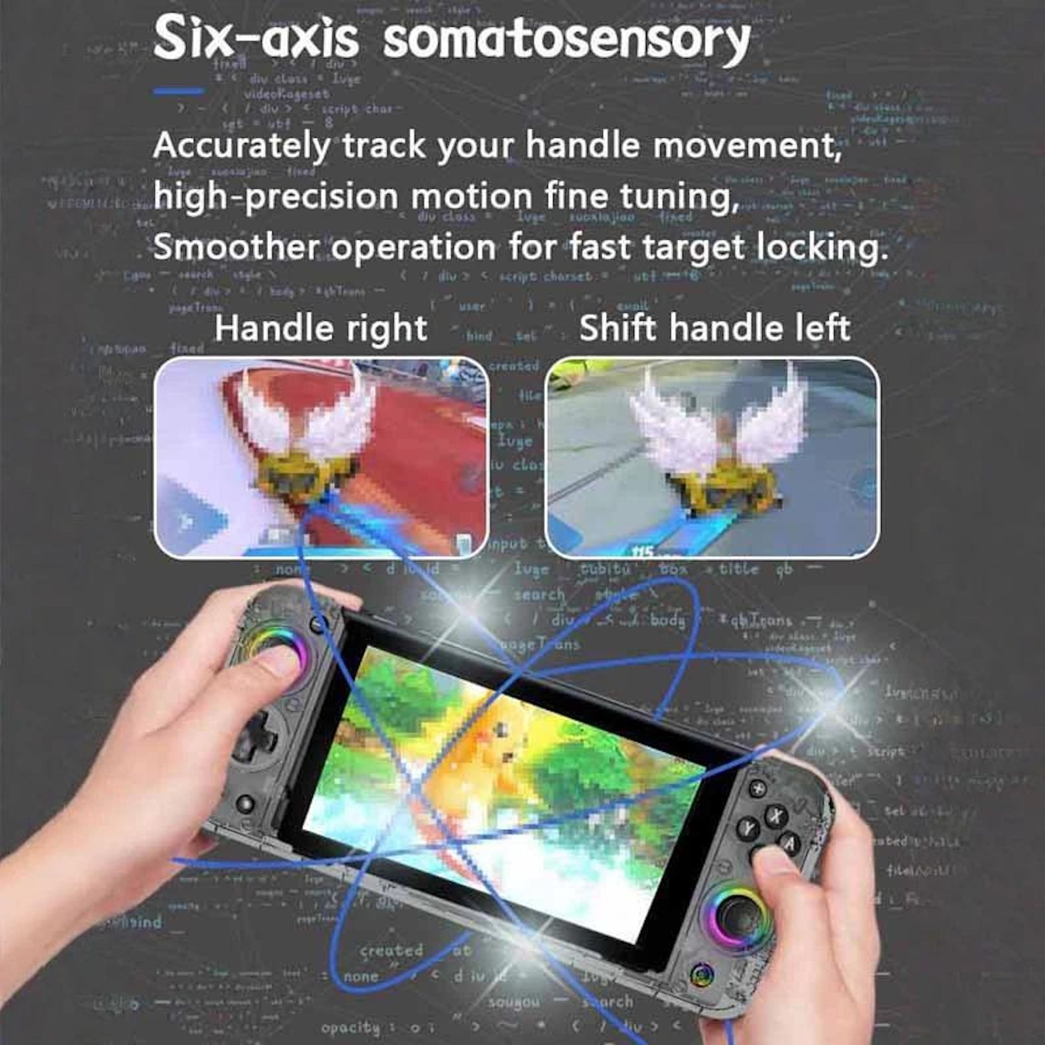 Se sostiene un mando que muestra una Nintendo Switch. Son visibles gráficos de píxeles.