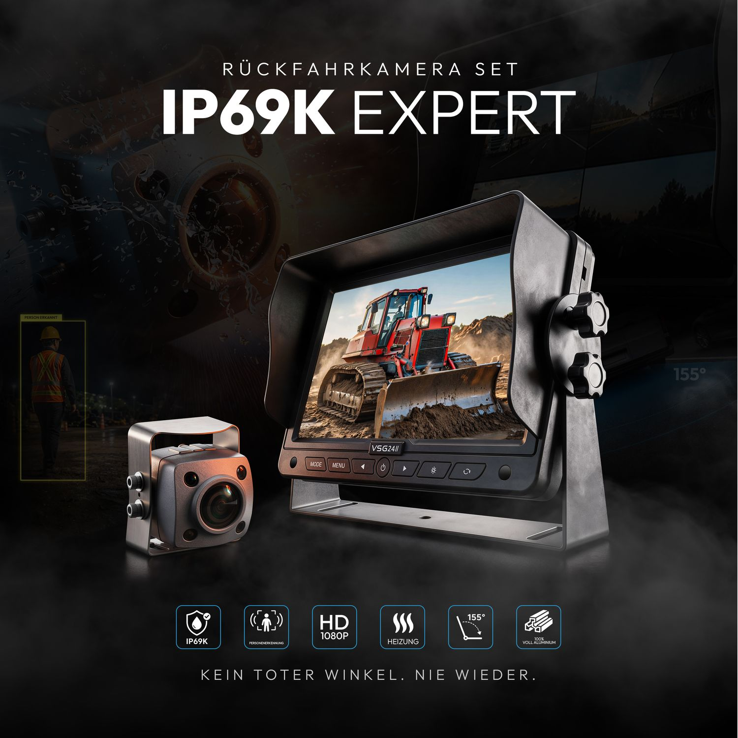 Rückfahrkamera-Set mit Monitor und Kamera, zeigt einen Bagger. Features: IP69K, HD.