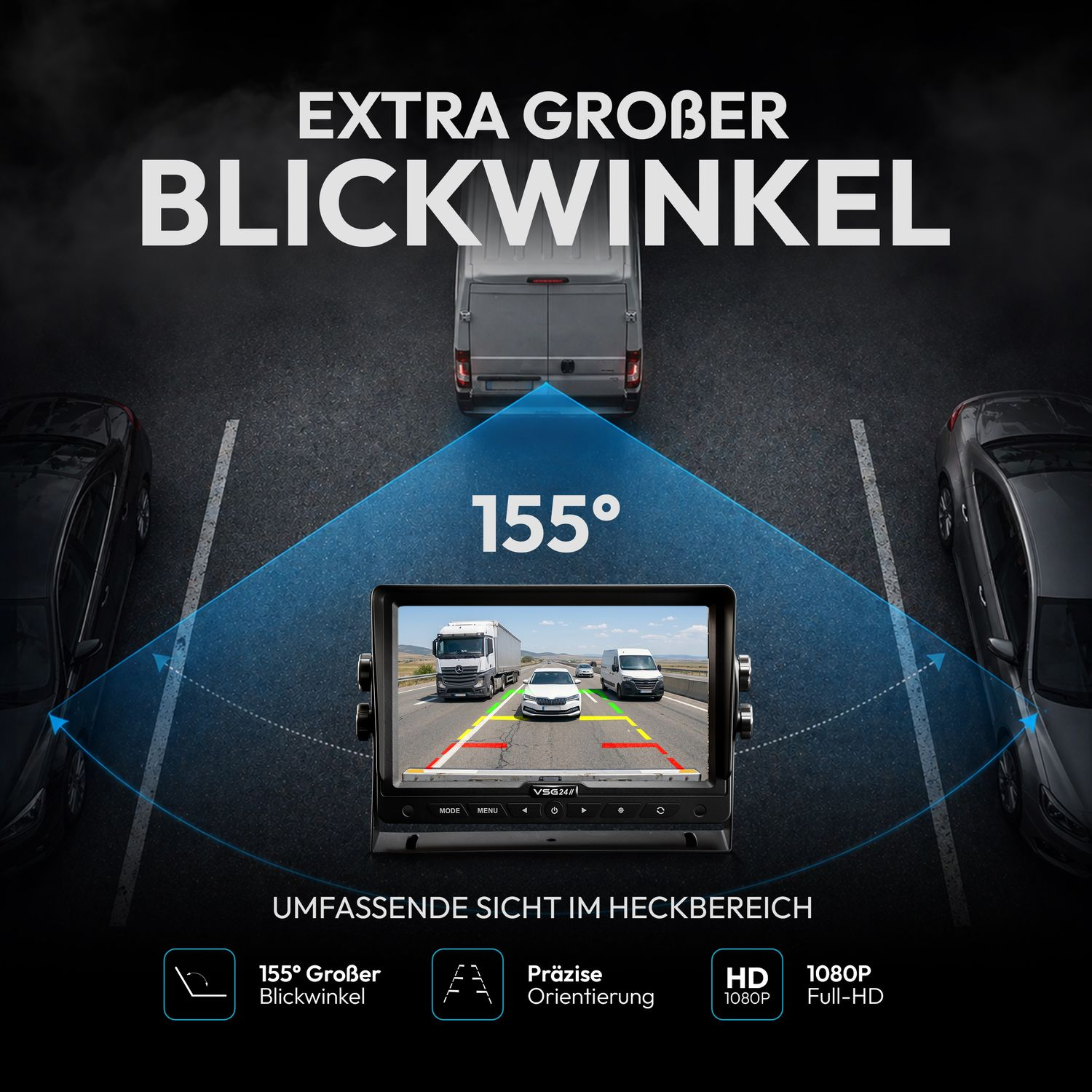 Rückfahrkamera-Display mit 155° Weitwinkelansicht. Zeigt Rückansicht mit Autos und LKW.