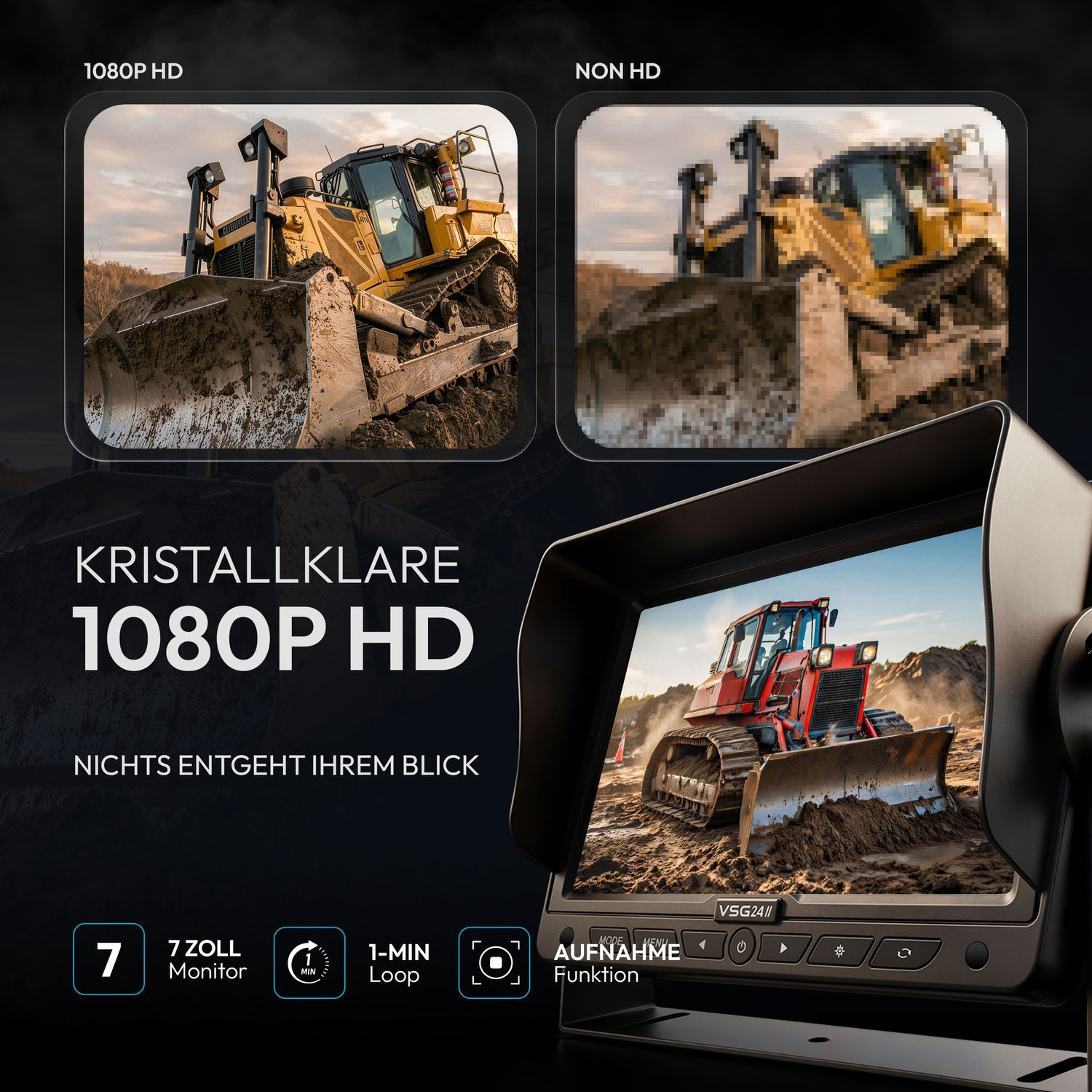 Vergleich von 1080P HD und Nicht-HD-Bildern eines Baggers auf einer Baustelle.