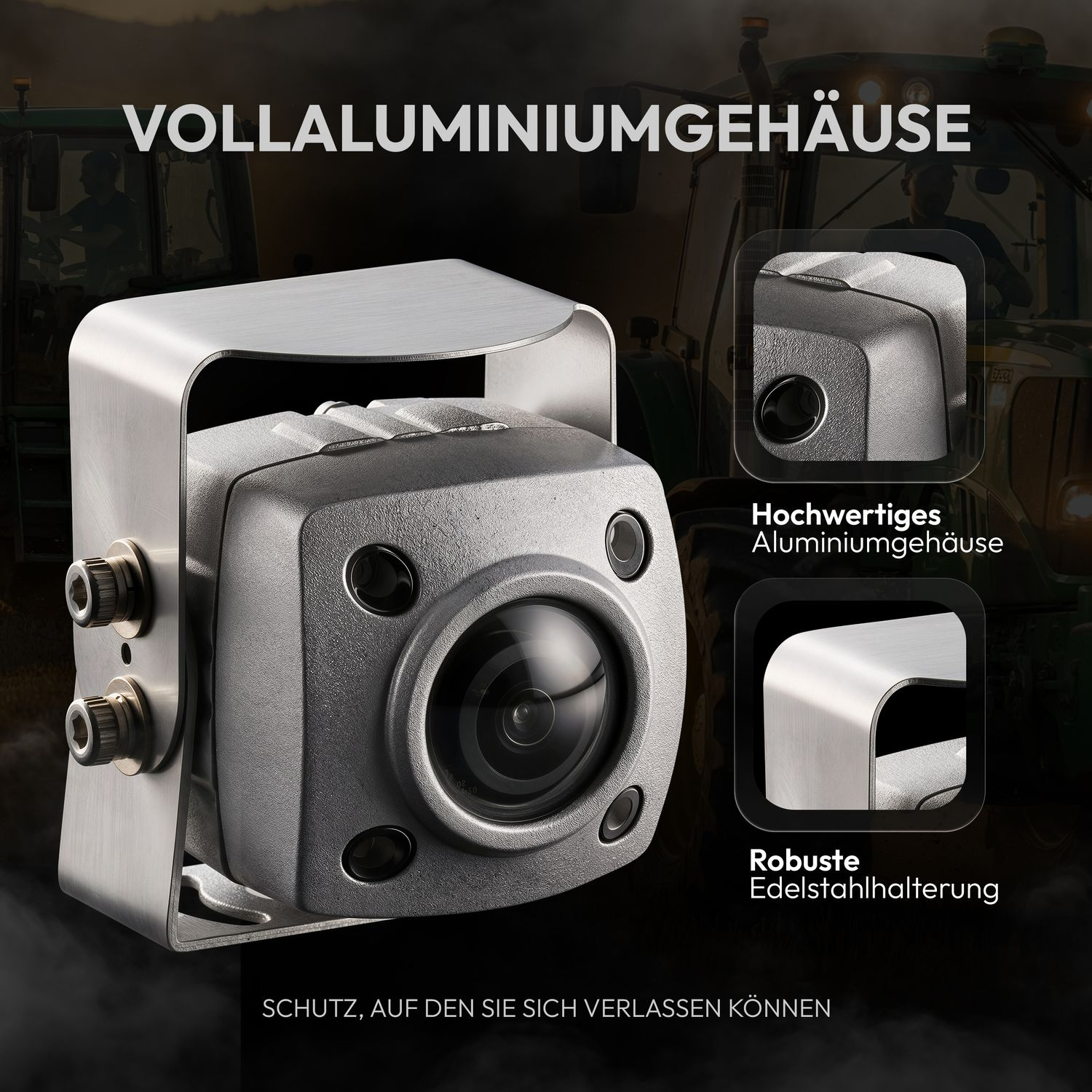 Eine silberne Kamera mit robustem Edelstahlhalterung vor einem Traktor.