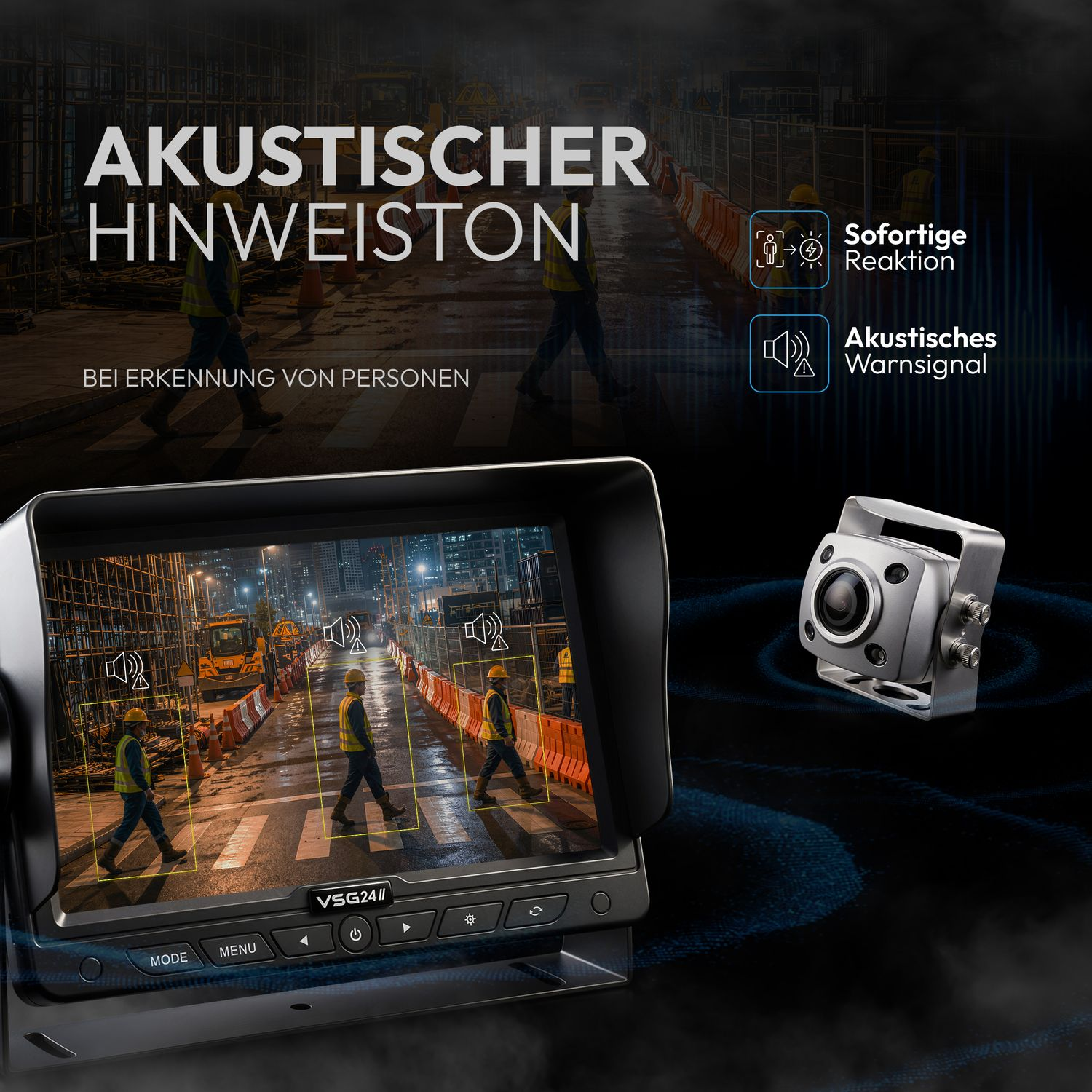 Bildschirm zeigt Baustelle mit Personen, Kamera und Warnsymbolen.