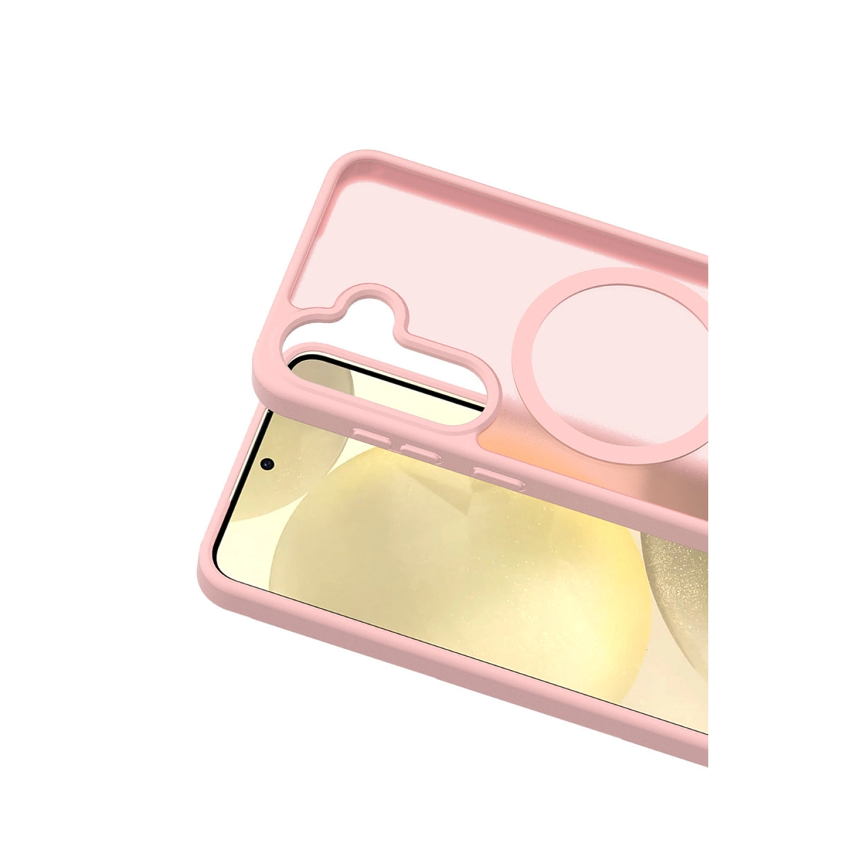 Yuvarlak kesimli pembe telefon kılıfı, bir telefonun üzerinde.