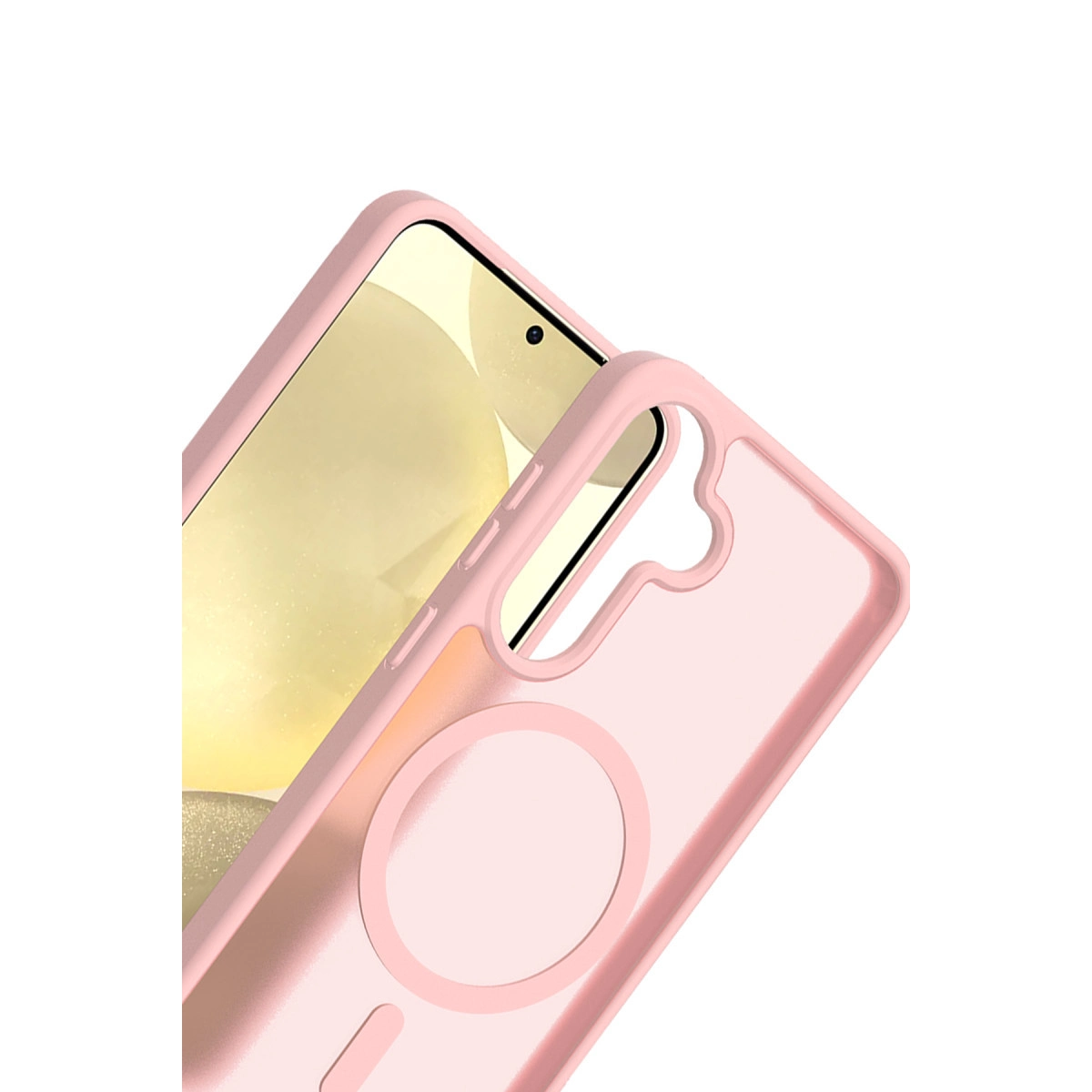 Beyaz arka plan üzerinde dairesel kesimli açık pembe telefon kılıfı.