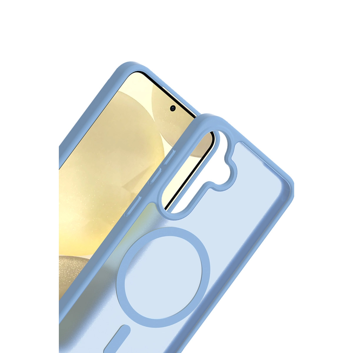 Akıllı telefonda manyetik halkalı açık mavi telefon kılıfı.
