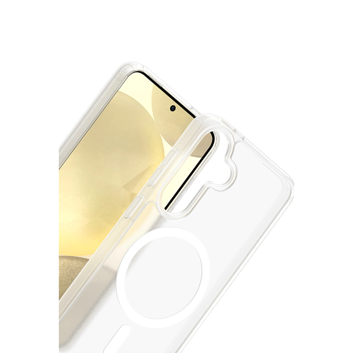 Gümüş manyetik halkalı şeffaf telefon kılıfı beyaz arka planlıdır.
