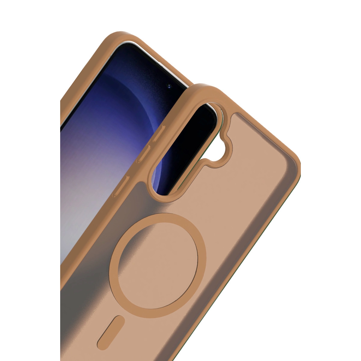 Kameralı yuvarlak kesimli kahverengi telefon kılıfı.