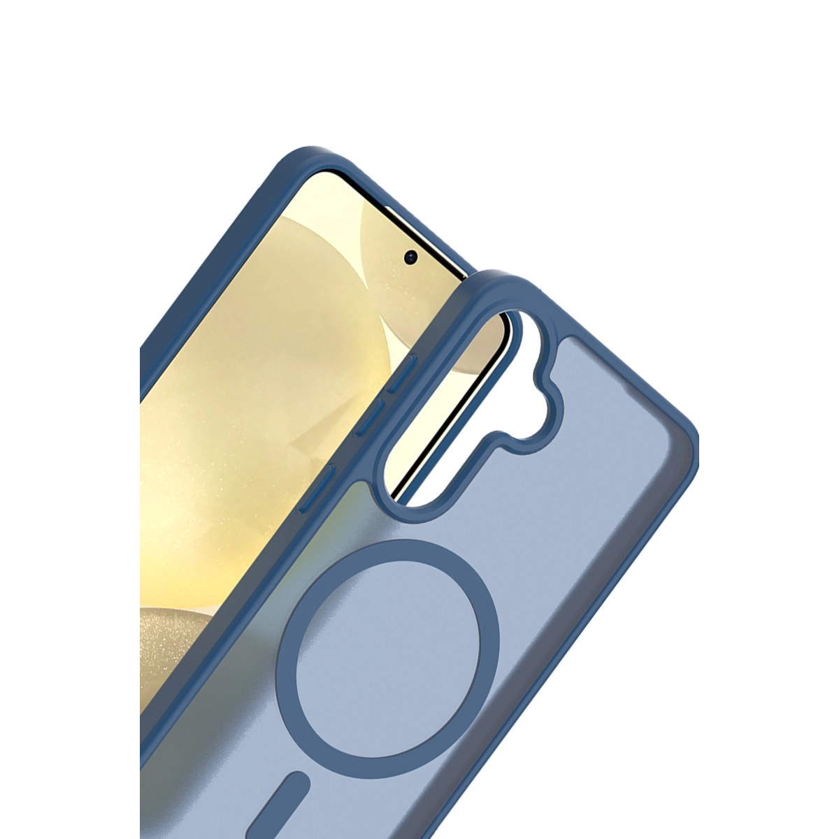 Beyaz arka plan üzerinde dairesel kamera kesimli mavi telefon kılıfı.