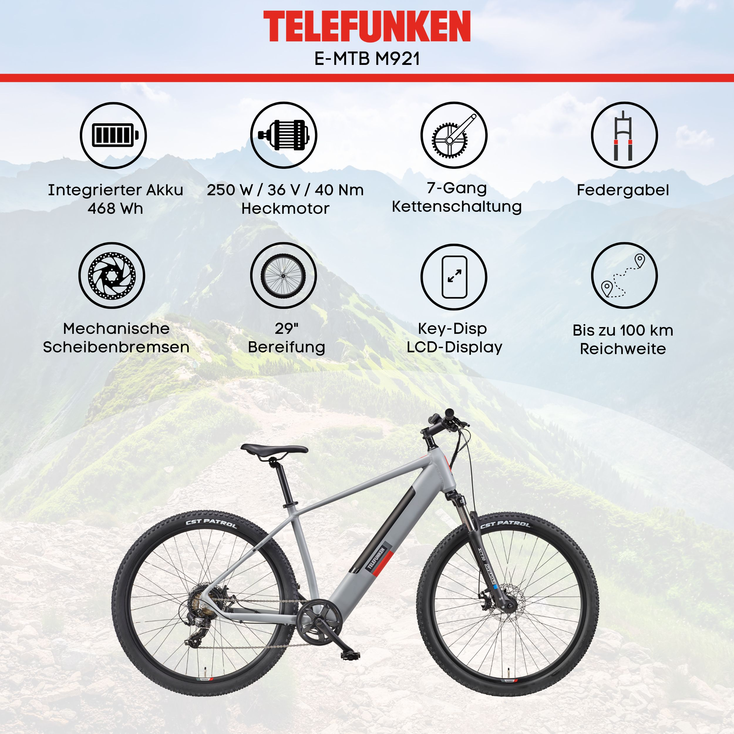 Graues Telefunken E-MTB M921 mit Details: 468Wh Akku, 250W Motor, 7-Gang.