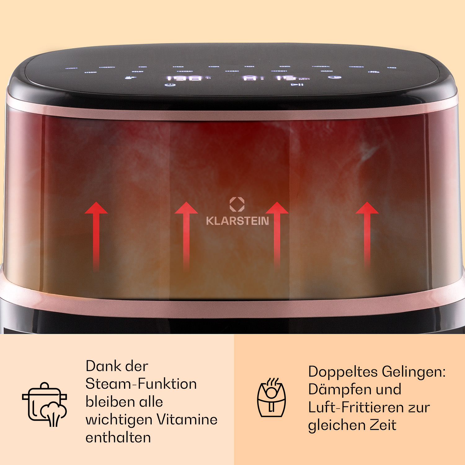 Una vaporiera con display digitale e frecce rosse che indicano il vapore.