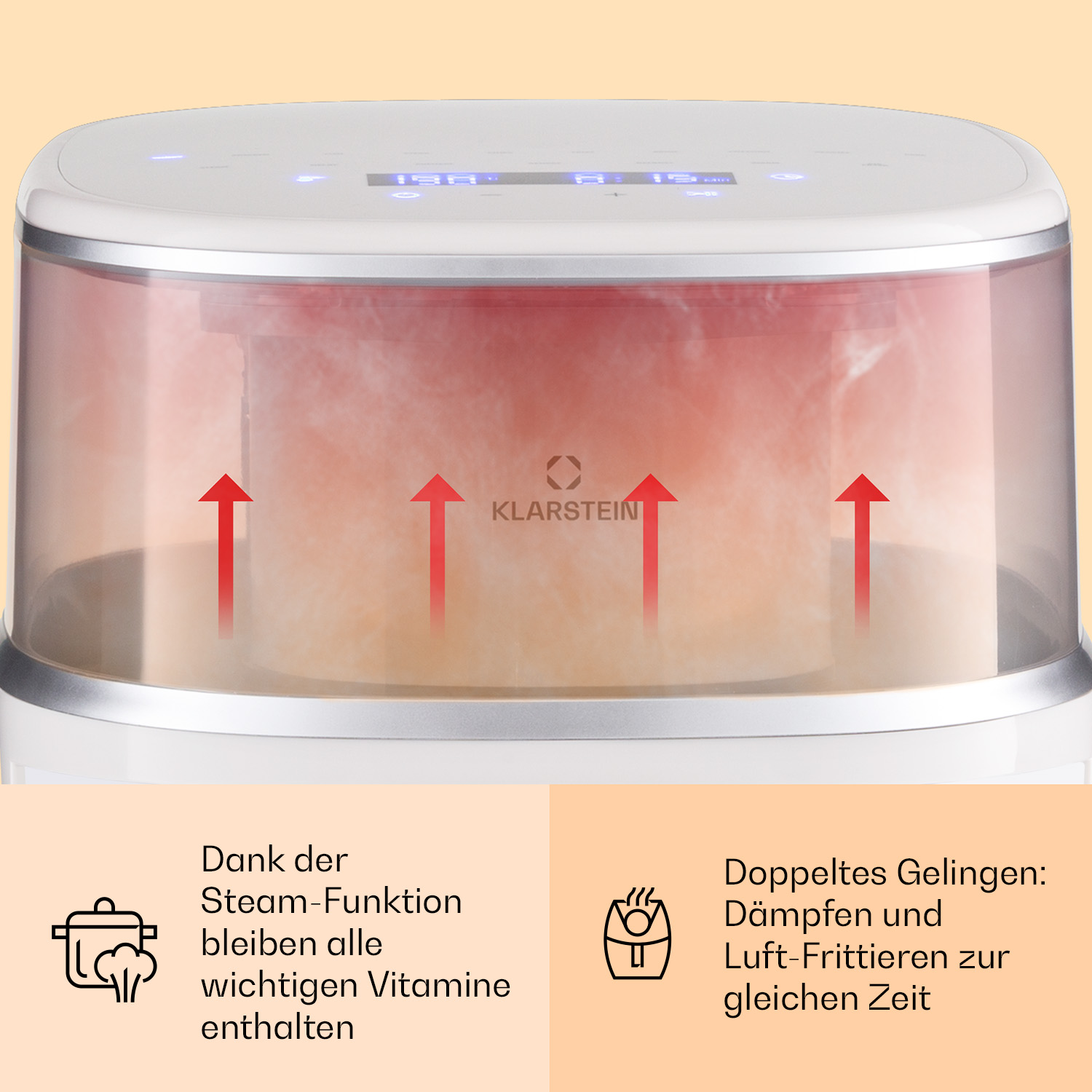 Vaporiera con frecce rosse verso l'alto che indicano vapore.