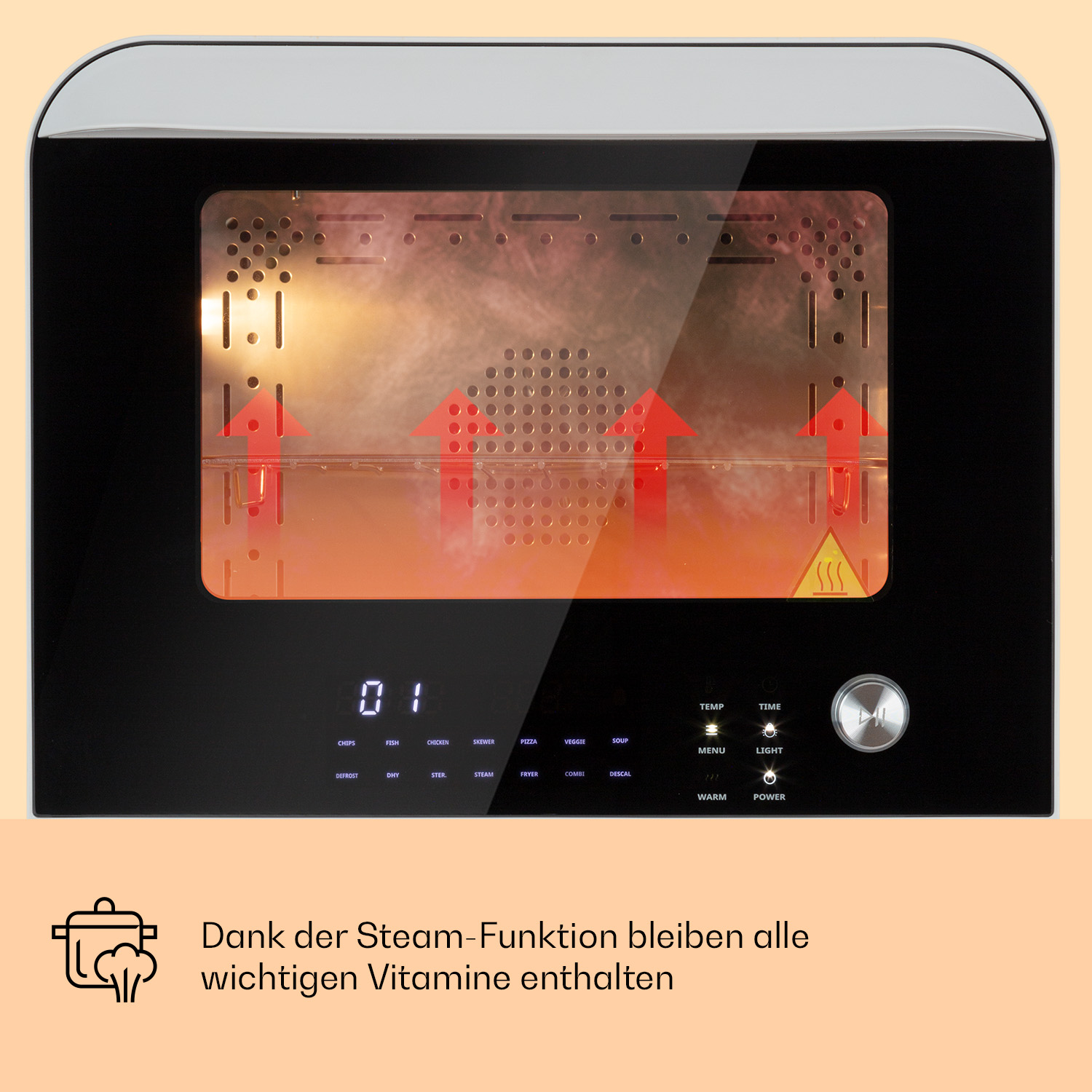 Un forno a vapore con display digitale e varie modalità di cottura.