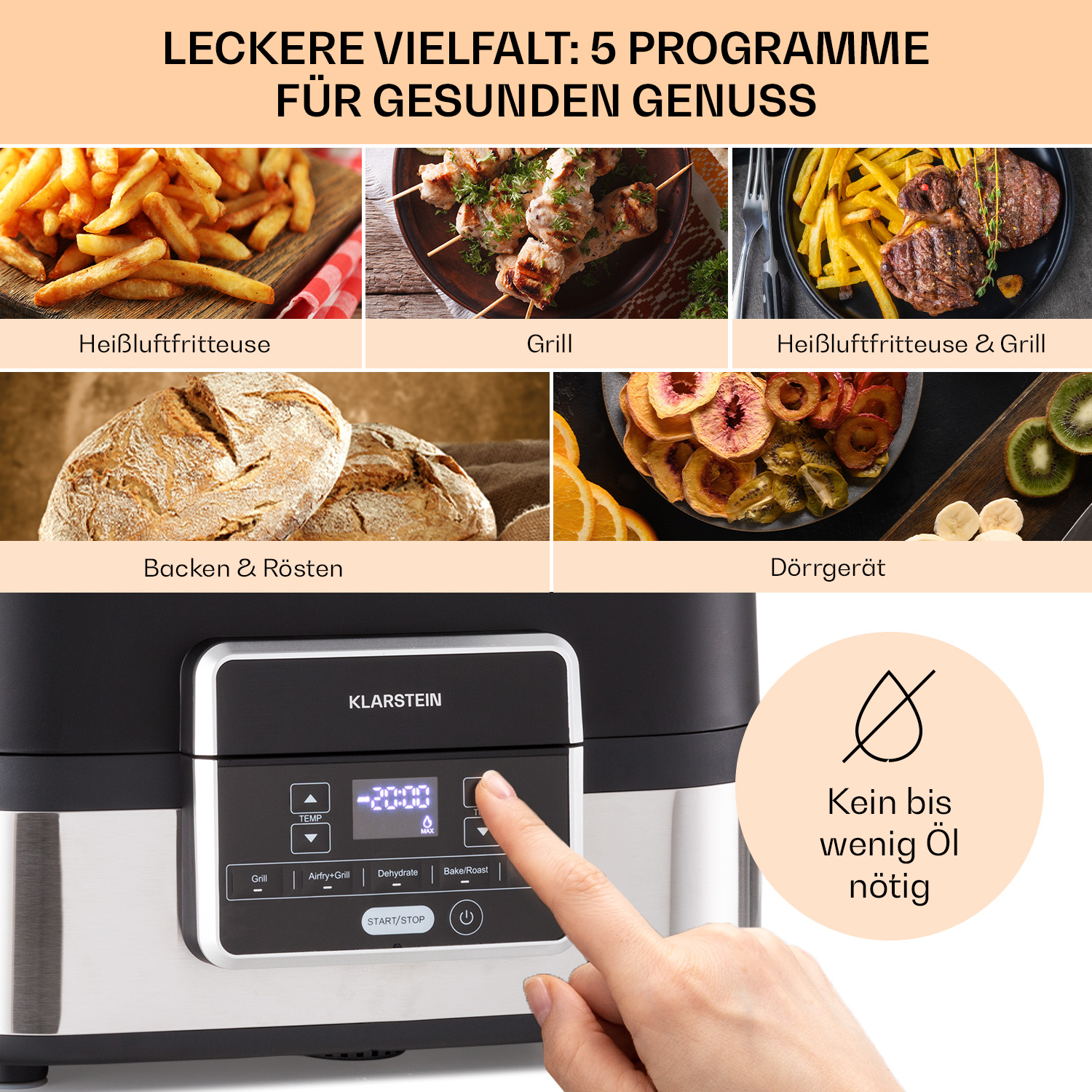 Una friggitrice multifunzione Klarstein con pannello di controllo touch screen e varie modalità di cottura.