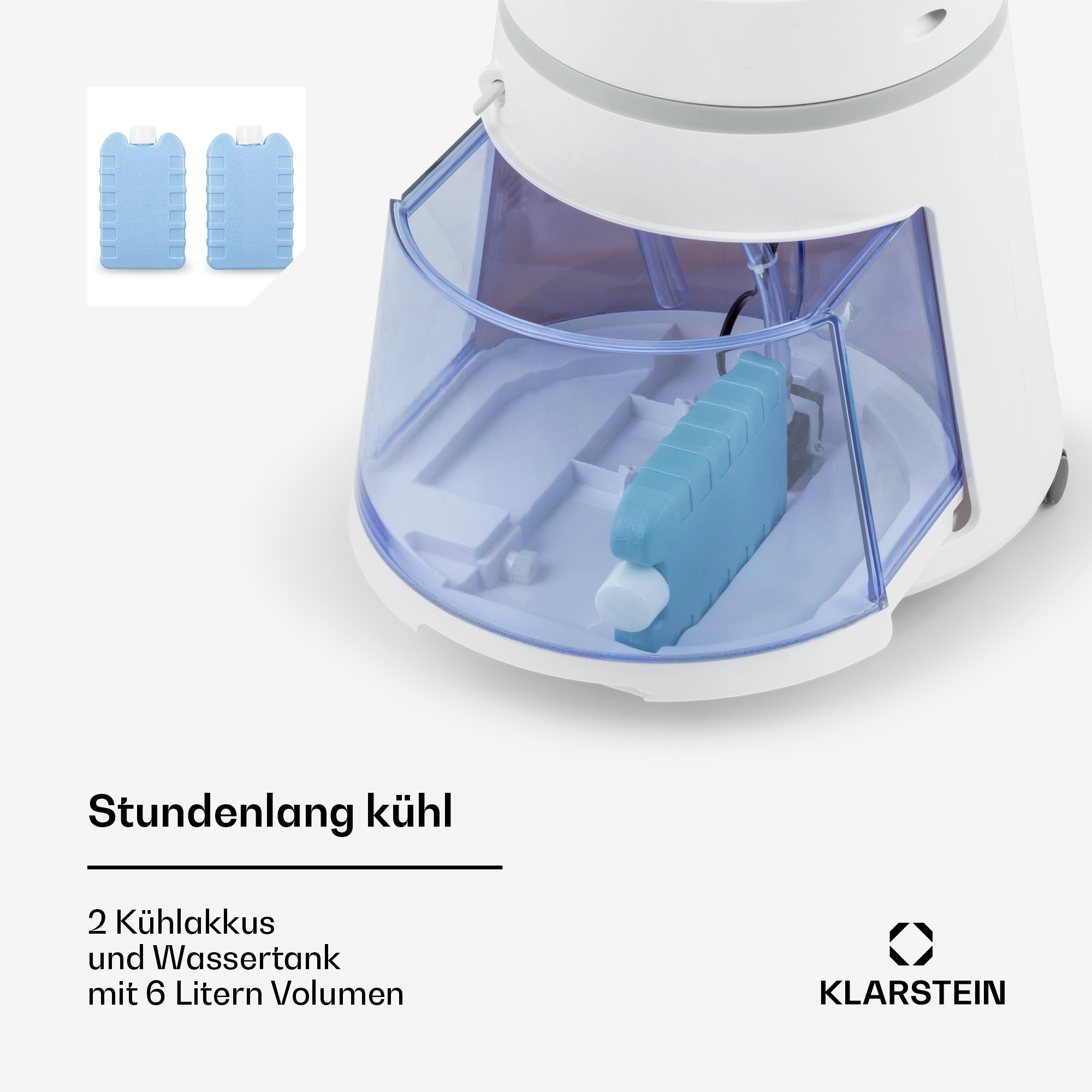 Ein weißes Gerät mit blauem Wassertank und zwei blauen Kühlakkus.