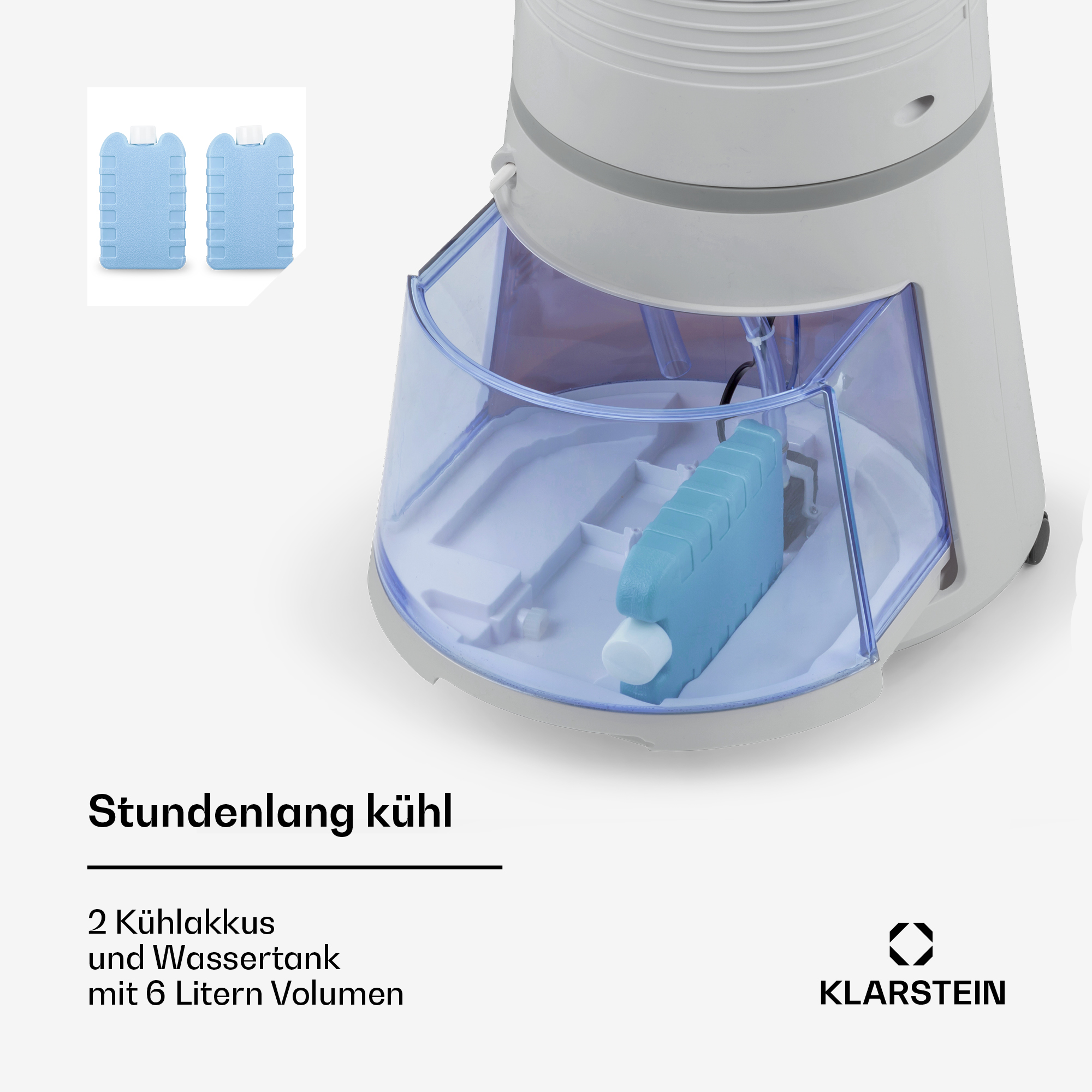 Ein Klima-Kühler mit zwei blauen Kühlakkus und einem Wasserschlauch.