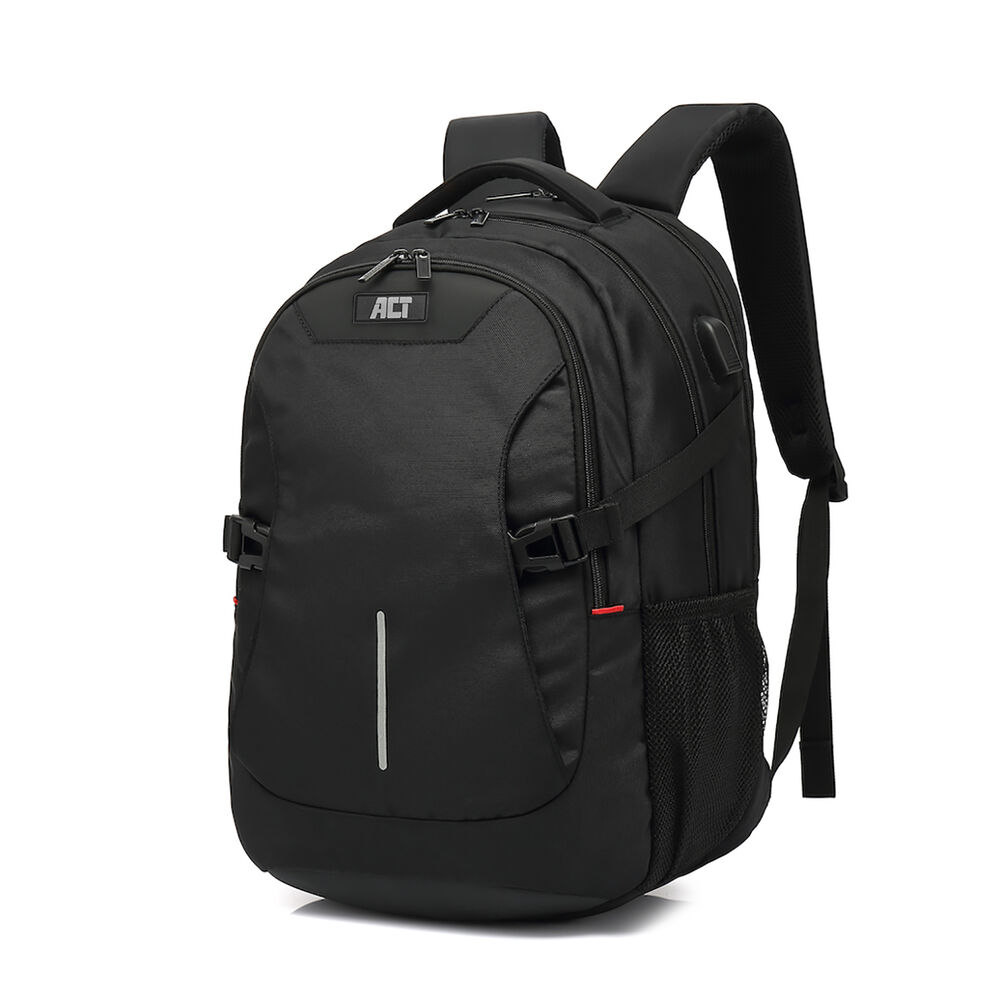 A black backpack with a reflective vertical stripe and mesh side pockets.
