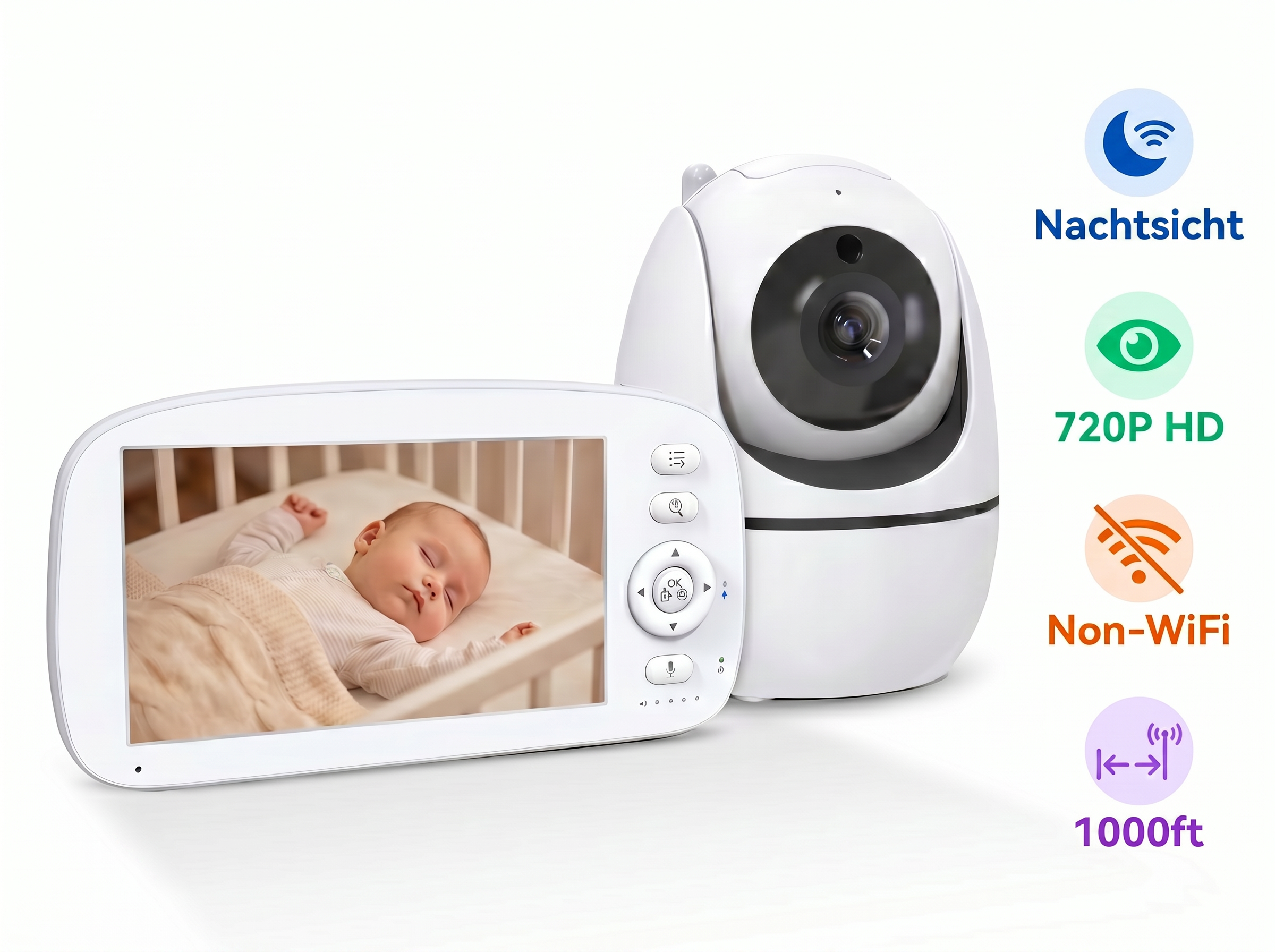 Ein weißer Baby Monitor mit Kamera und Bildschirm, der ein schlafendes Baby zeigt.