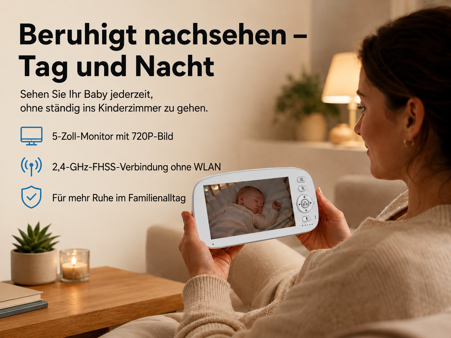 Frau hält Babyphone mit schlafendem Baby im Arm. 5-Zoll-Monitor.