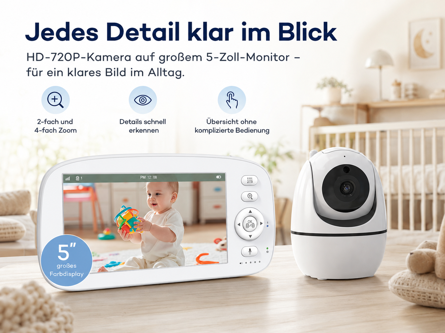 Babyfon mit Kamera und Monitor zeigt Baby mit Spielzeug. Zoom & Farbdisplay.