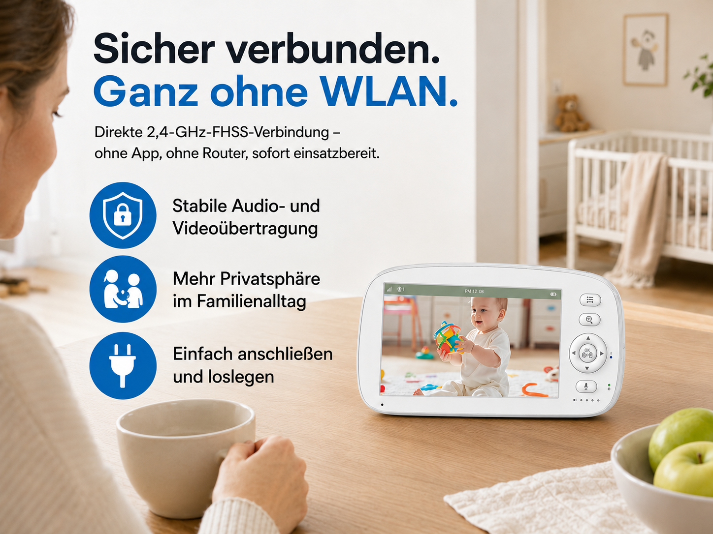 Ein Babyphone zeigt ein Baby mit Spielzeug. Links sind Icons für Sicherheit und Familie.