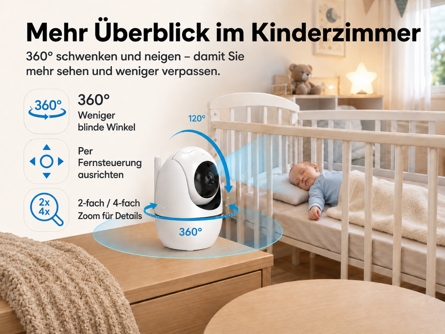 Ein Baby schläft in einem Kinderbett, daneben eine Babykamera mit 360°-Ansicht.