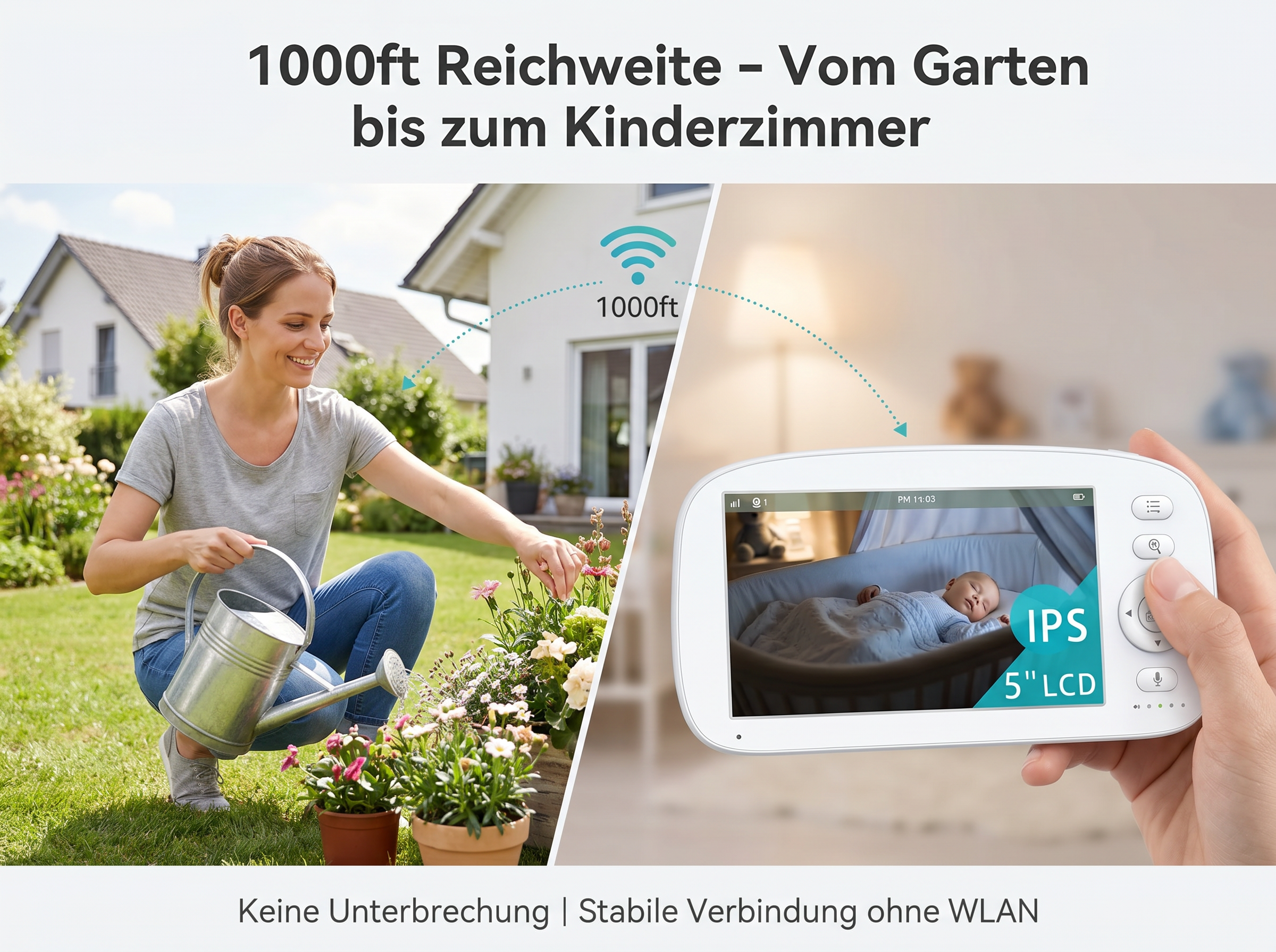 Frau gießt Blumen im Garten, Baby im Kinderzimmer auf Bildschirm.