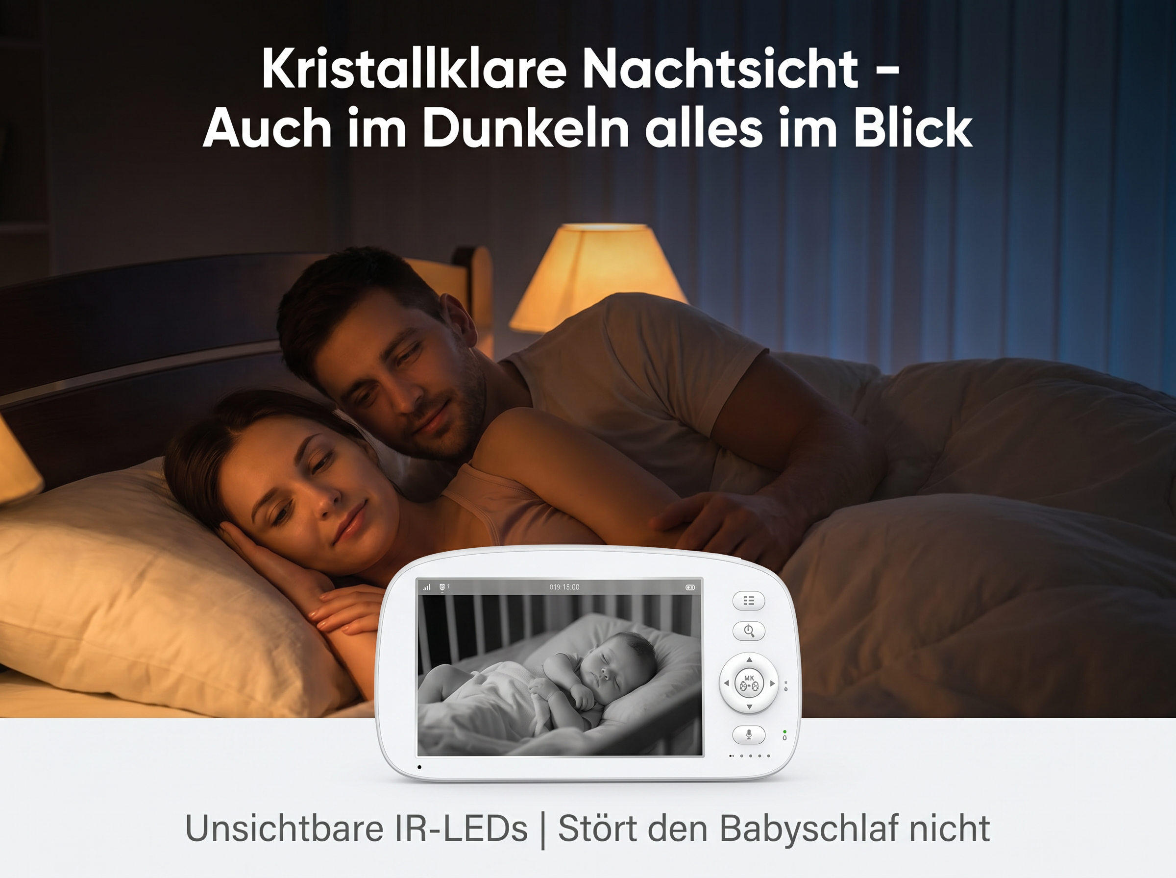 Eltern schlafen, Babyphone zeigt schlafendes Baby. Nachtsicht-Funktion.