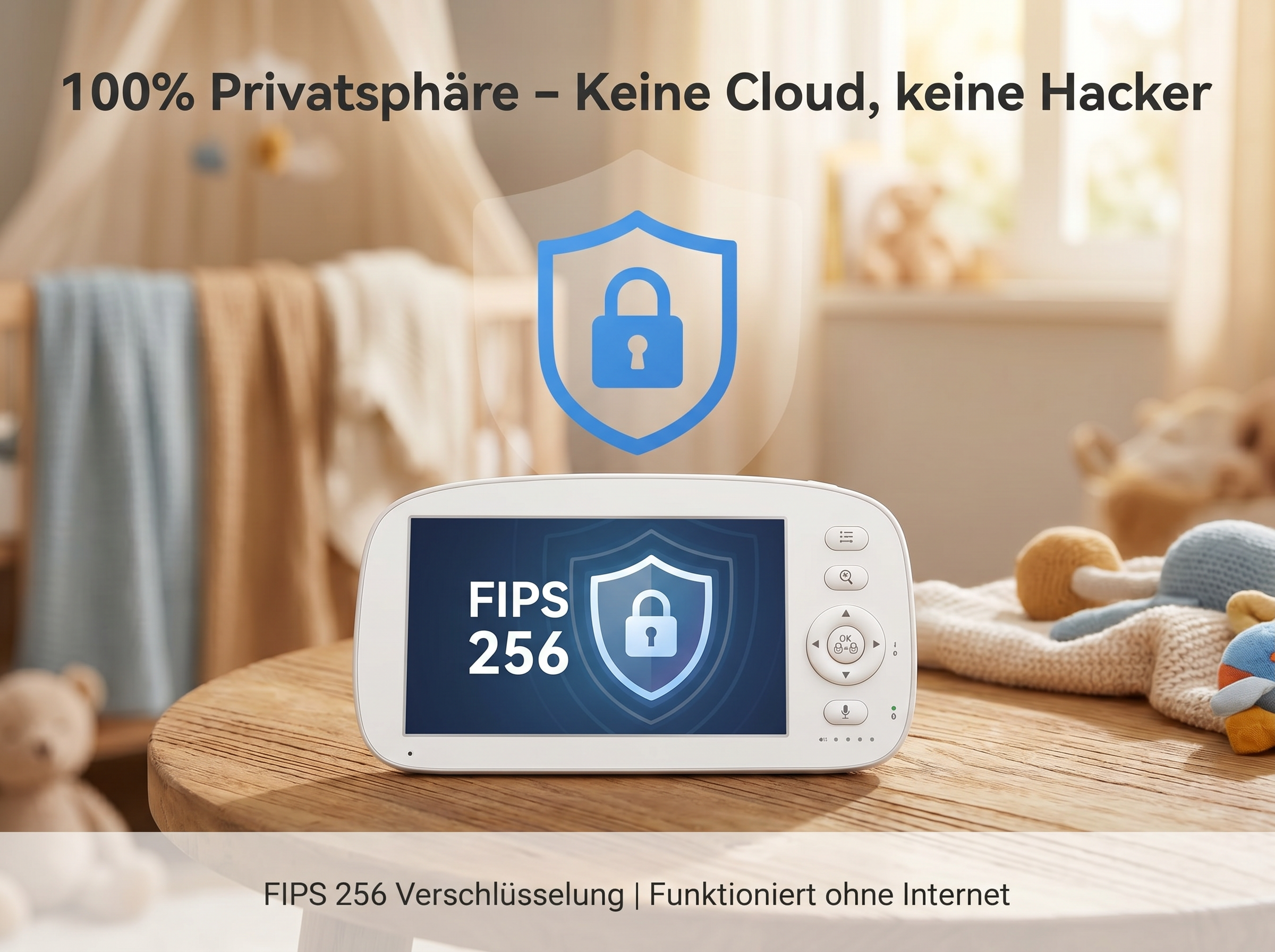 Babyphone-Monitor zeigt FIPS 256 Verschlüsselung mit Schloss-Symbol.
