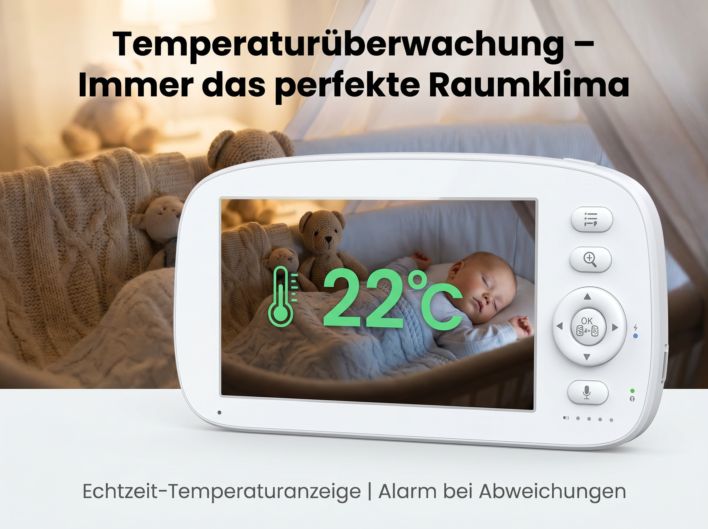 Babyphone zeigt 22°C an, mit Teddybären im Kinderwagen.