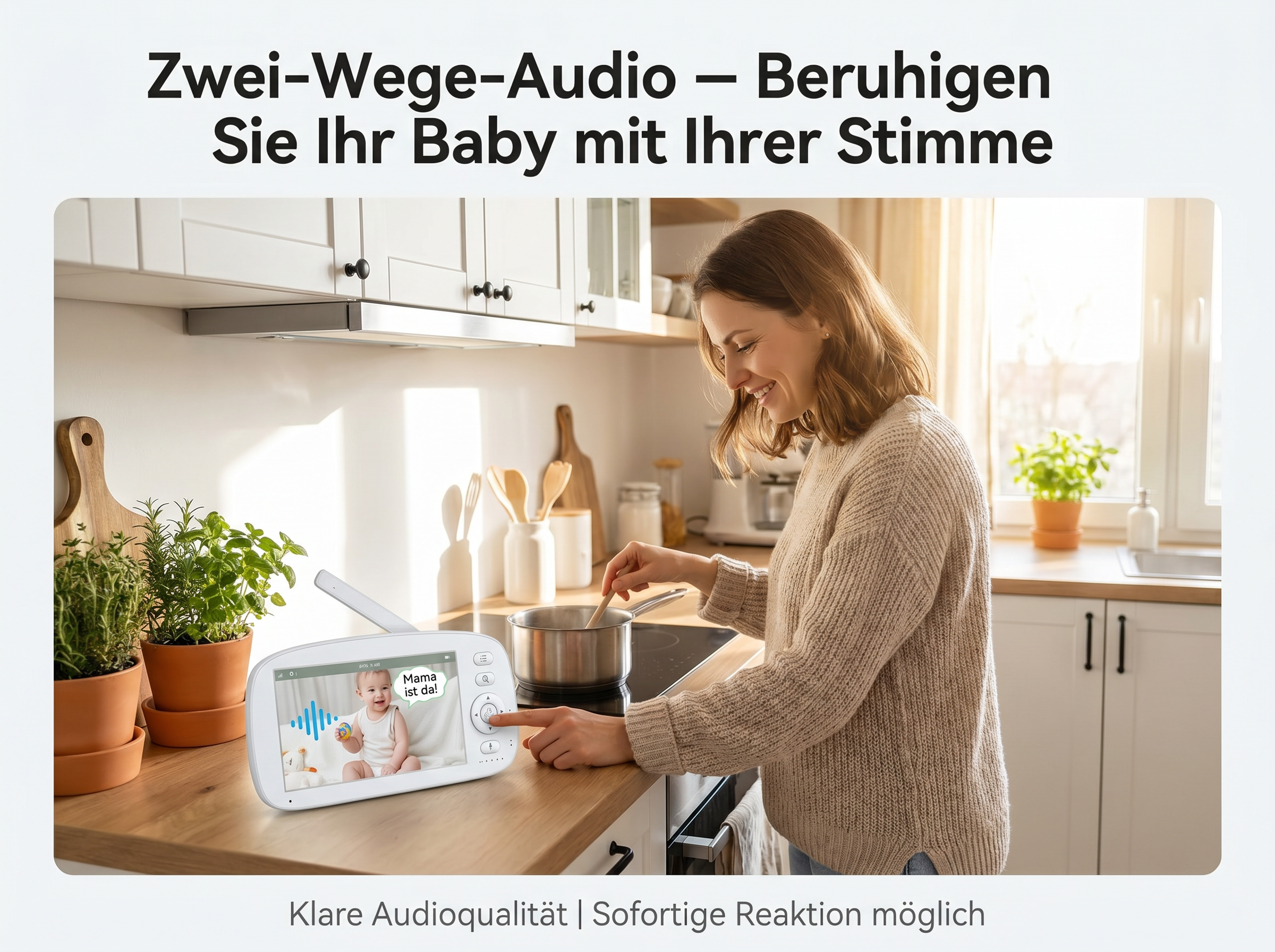 Frau kocht in der Küche, Babyphone zeigt Baby an.