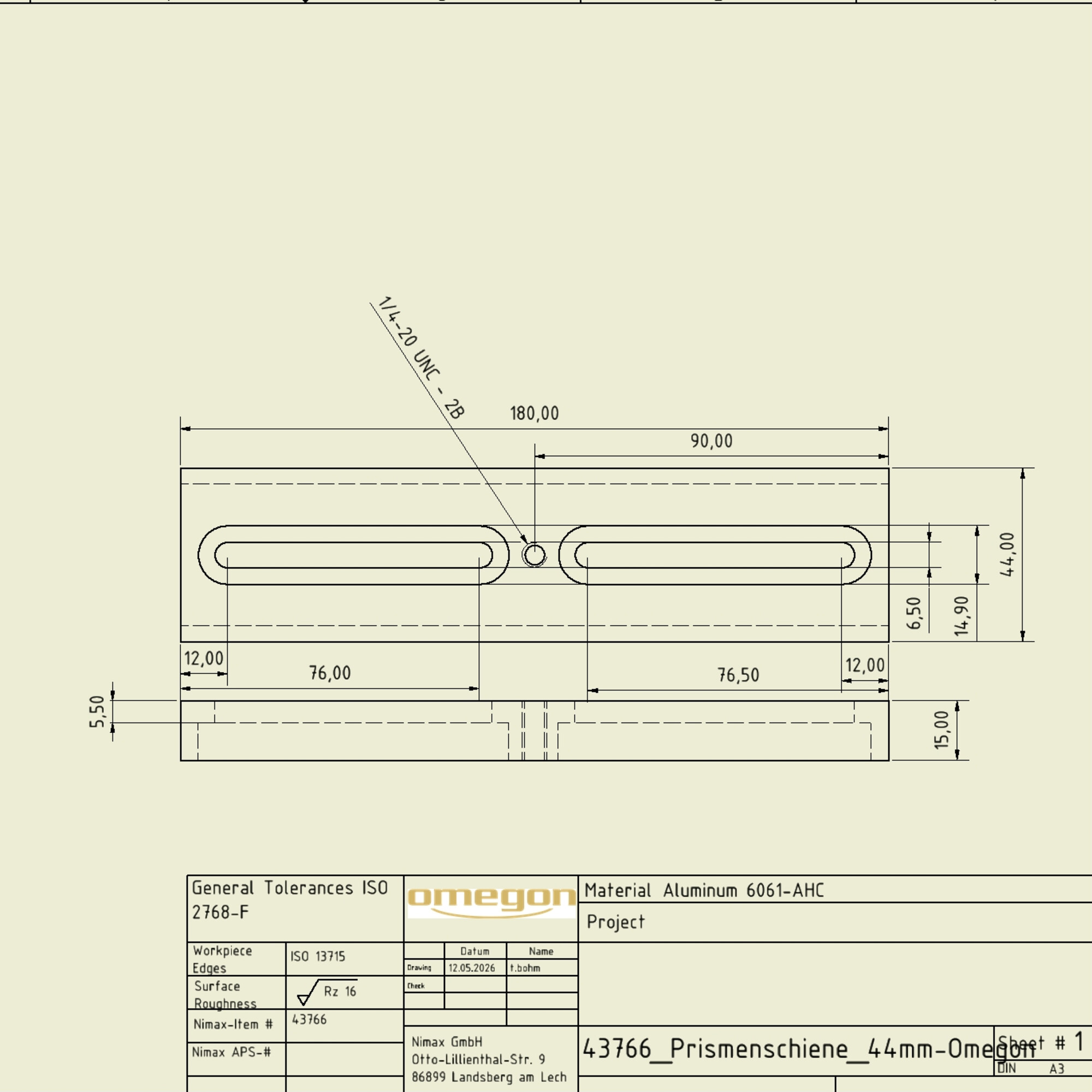 Technische Zeichnung eines Aluminiumteils mit Maßen und Toleranzen.