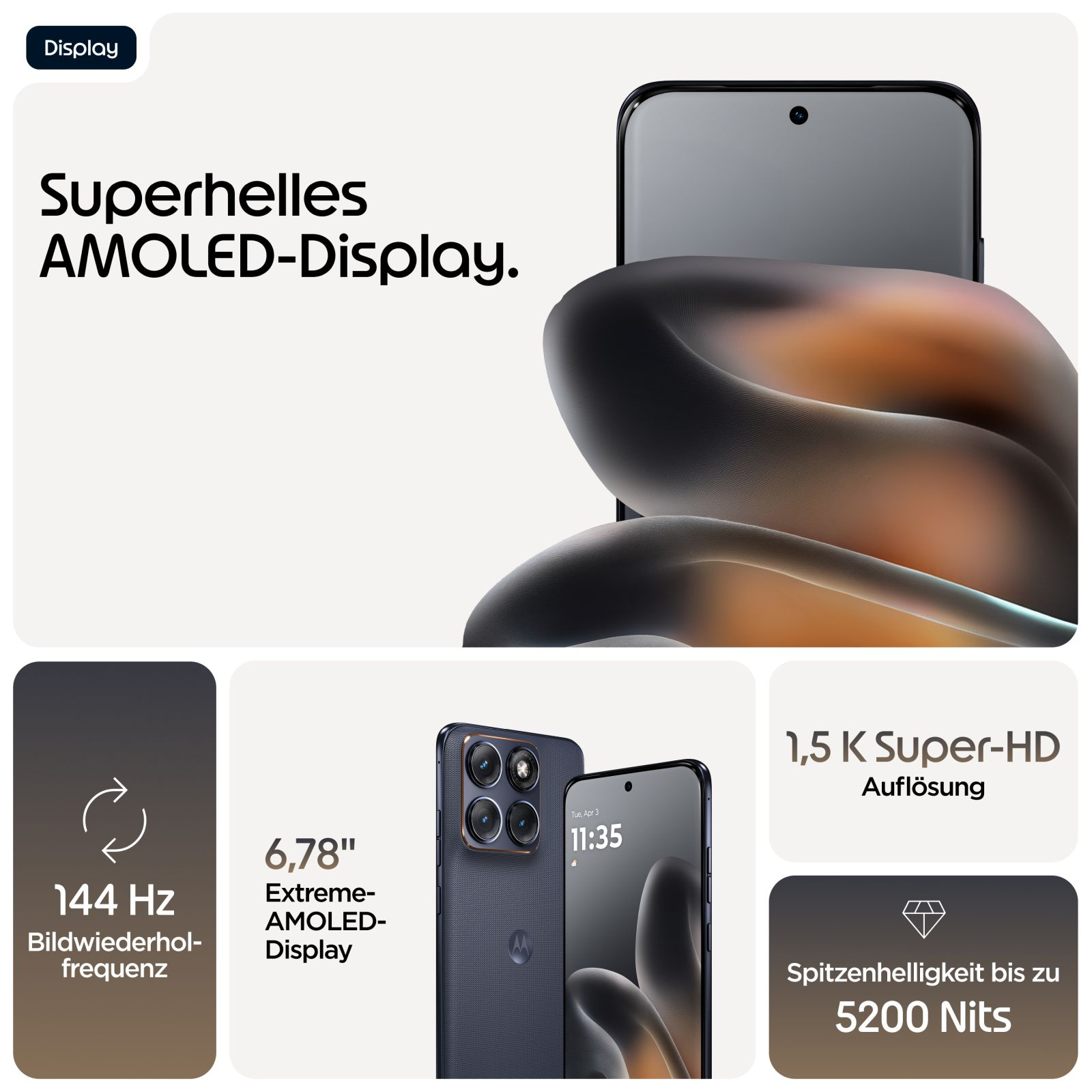 Ein Smartphone mit AMOLED-Display, 144 Hz, 6,78 Zoll, 1,5K Auflösung und 5200 Nits.