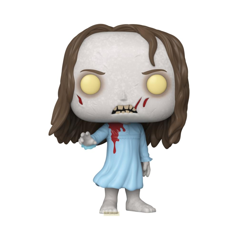 Figura Funko Pop de terror de una niña con vestido azul y manchas de sangre.