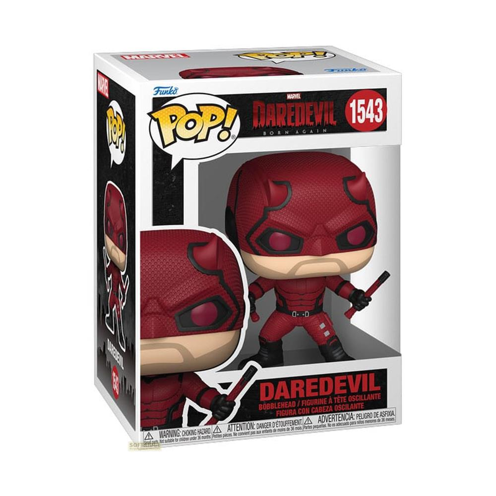 Figura Funko Pop! de Daredevil con traje rojo y cuernos, sosteniendo dos bastones.