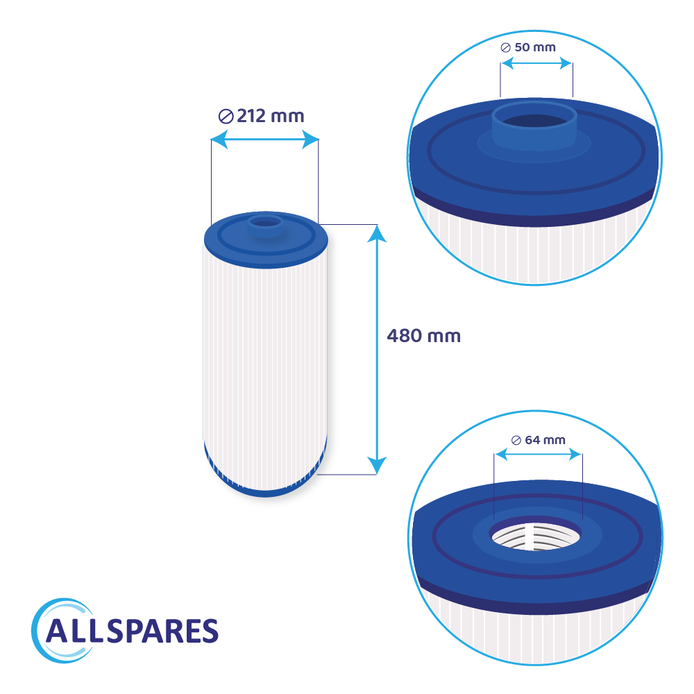 Dimensioni filtro: 212 mm diametro, 480 mm altezza. Superiore 50 mm, inferiore 64 mm.