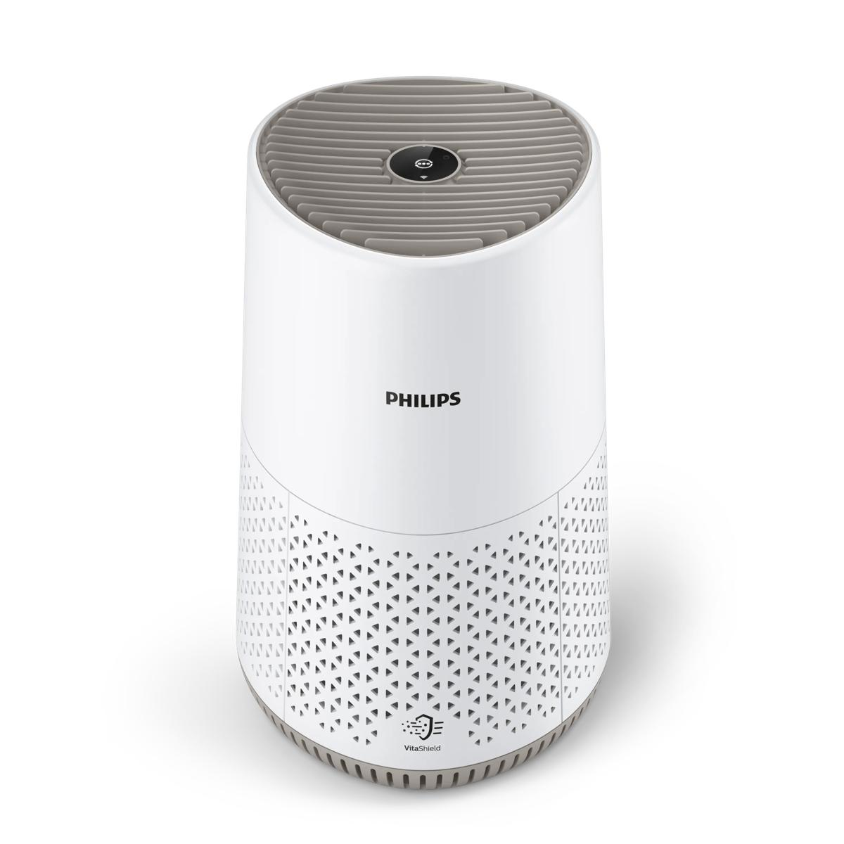 Purificatore d'aria bianco Philips con bocchette grigie in alto e base fantasia.