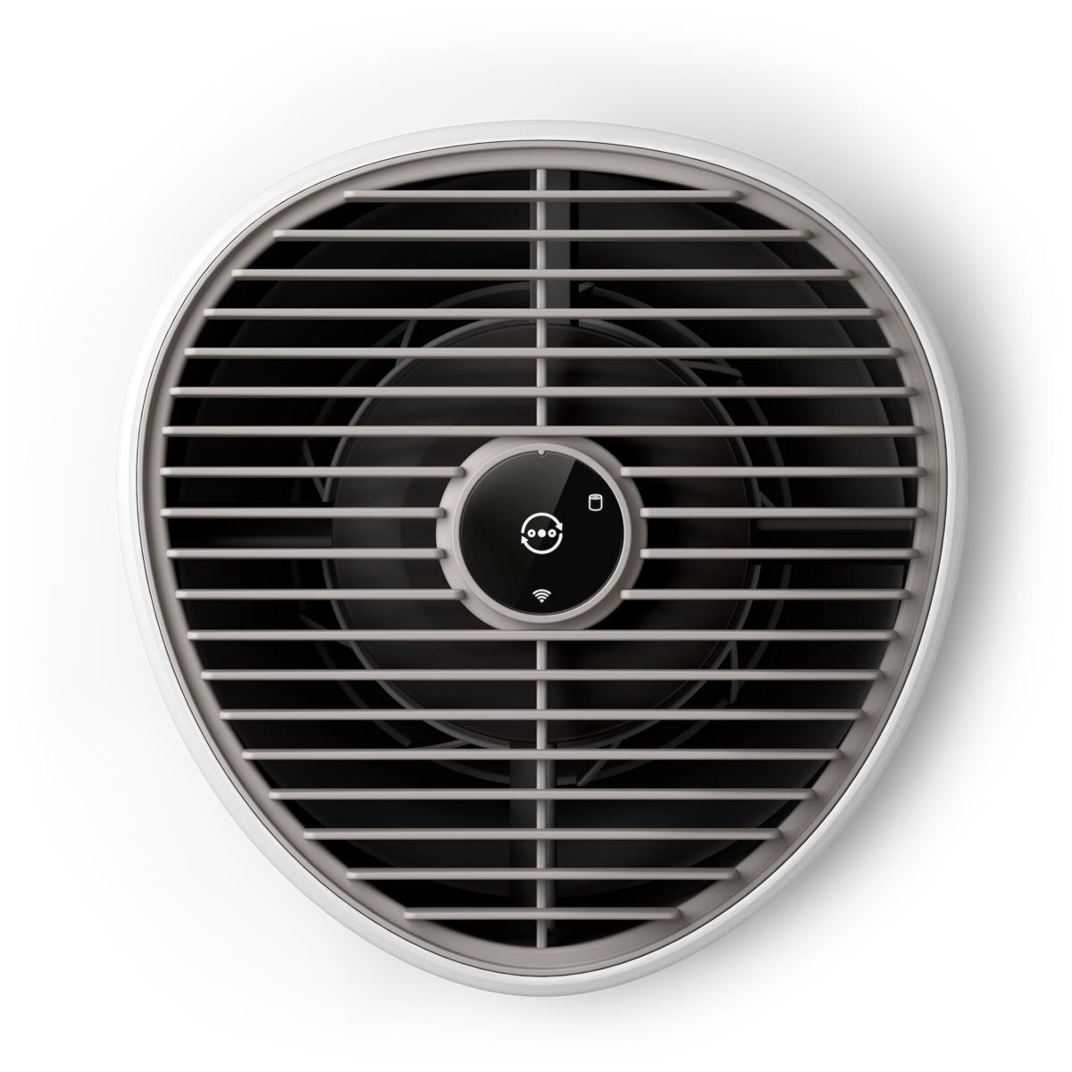 Un purificatore d'aria bianco con griglia del ventilatore nera e pannello di controllo.