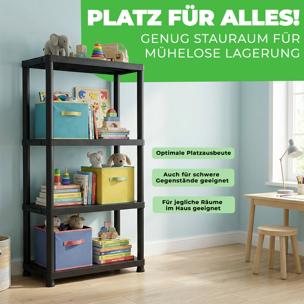 Ein schwarzes Regal mit Spielzeug und Büchern, daneben ein Schreibtisch mit Hocker.