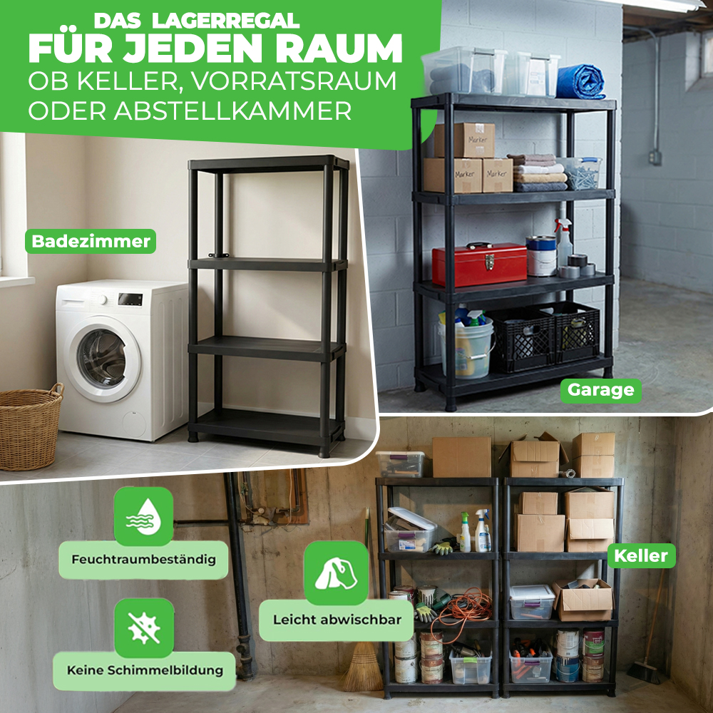 Mehrere schwarze Regale mit Gegenständen in Badezimmer-, Garagen- und Kellerräumen.
