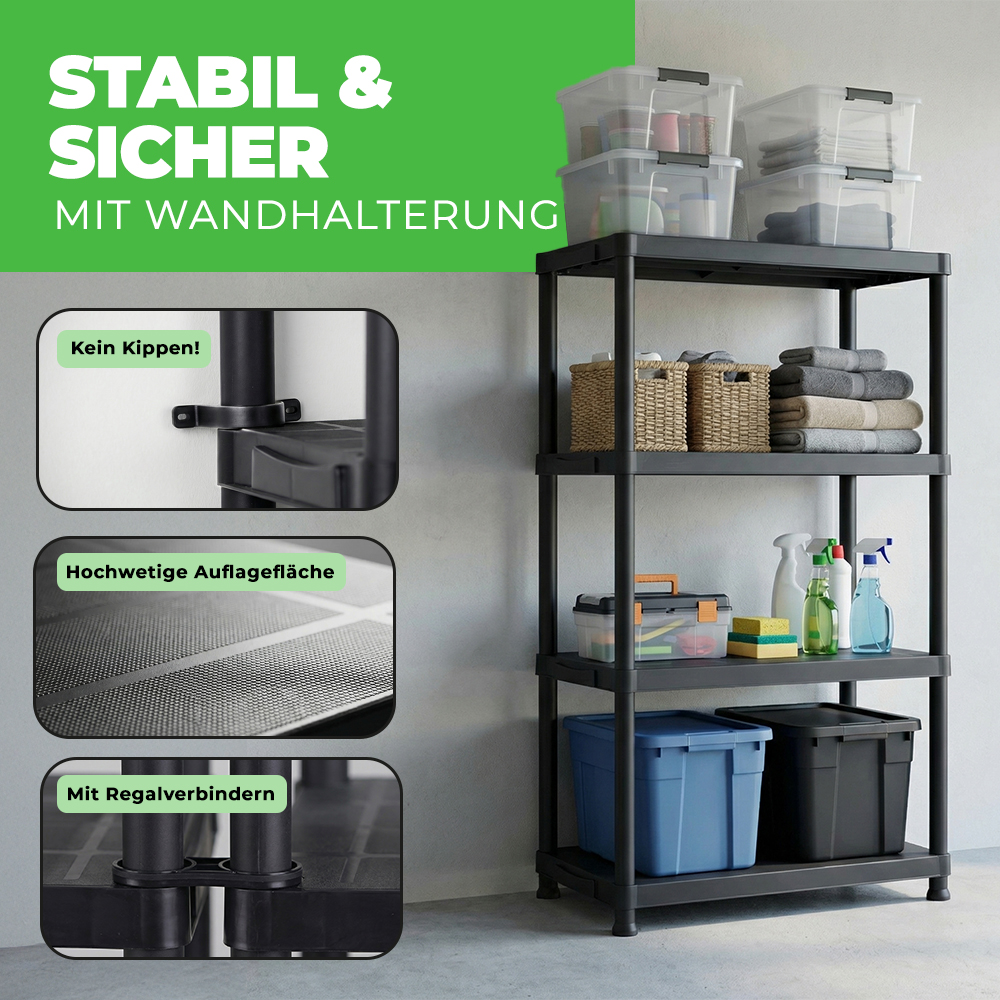 Schwarzes Regal mit Behältern, Handtüchern, Körben und Reinigungsmitteln.