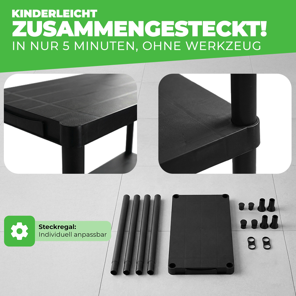 Schwarzes Steckregal-Set mit vier Stangen, einer Bodenplatte und Verbindungsstücken.