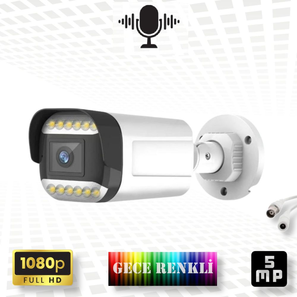 Mikrofon simgeli beyaz güvenlik kamerası, 1080p, 5 MP ve gece görüşlü.